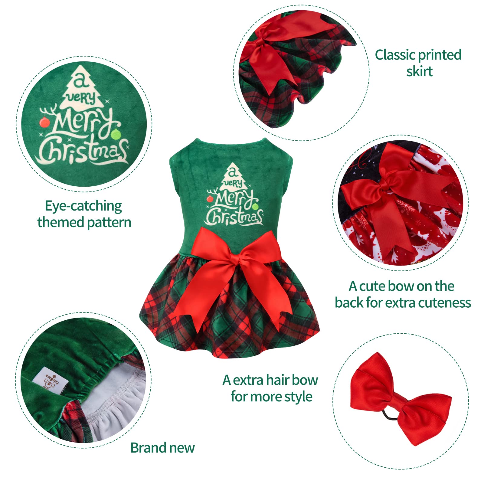 CuteBone Christmas Tree Dog Dress - Velvet Plaid Puppy Clothes for Small Dogs & Girls (Green, XS) - Perfect for Holiday Photos & Festive Parties