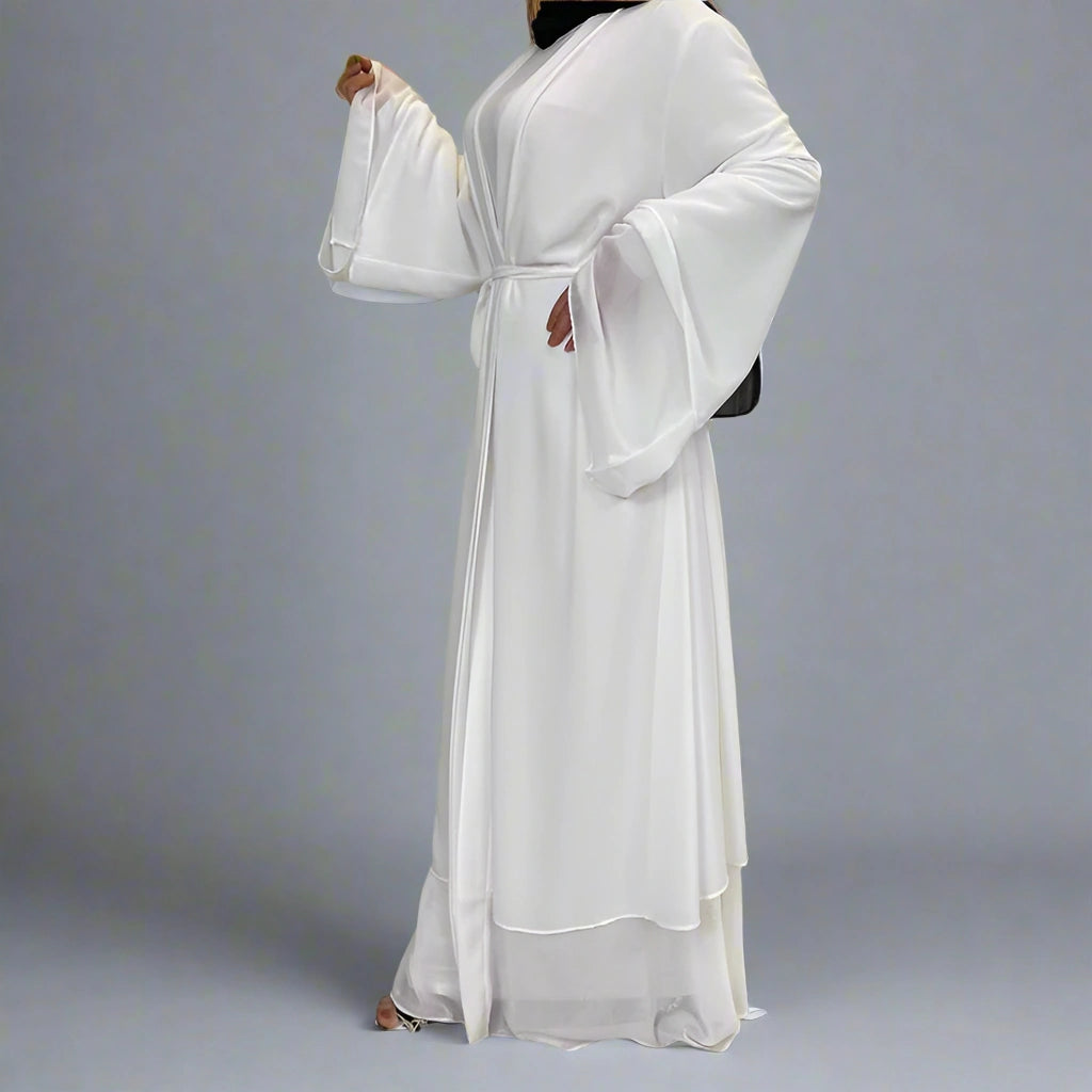 Elegant Dubai Solid Color Chiffon Muslim Abaya Dress with Open Cardigan for Women - Perfect for Prayer, Modest Fashion & Special Occasions