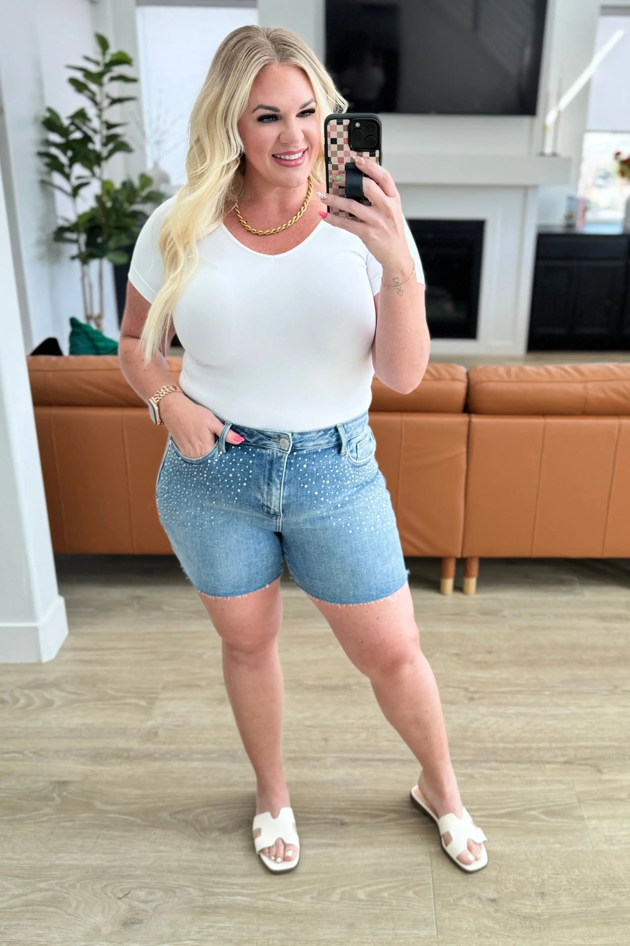Elle High Rise Rhinestone Cutoff Denim Shorts for Women - Trendy Distressed Jeans Shorts with Sparkling Rhinestones | Perfect for Summer, Beach, Music Festivals & Night Out