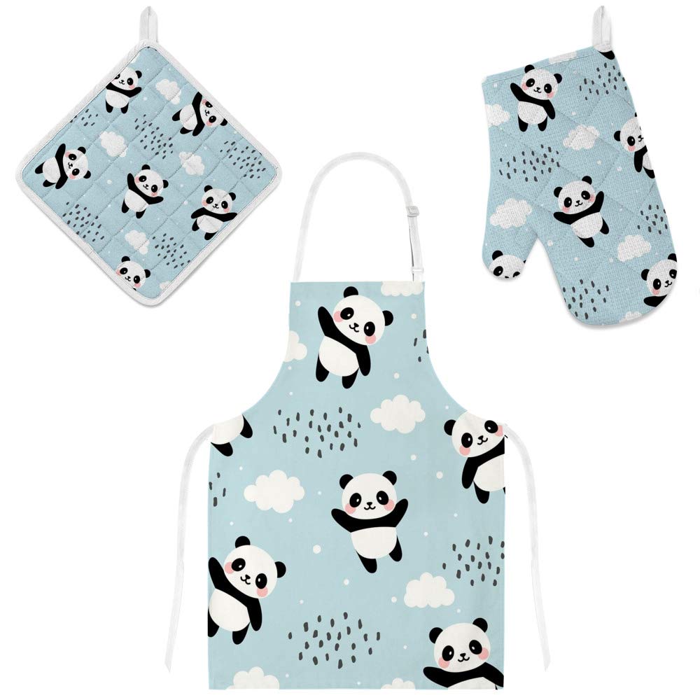 Cute Panda Blue Adjustable Kitchen Apron Set with Pockets, Oven Mitt & Pot Holder - 3 Piece Cooking Accessories for Baking, Grilling & Microwave Use