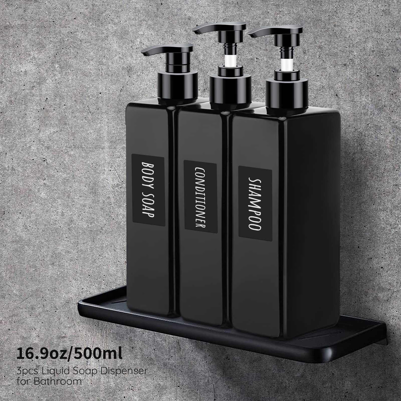 Segbeauty Refillable Shower Dispenser Set - 3 Pack 16.9oz (500ml) Empty Plastic Pump Bottles with Labels for Bathroom, Reusable Soap Dispensers for Body Wash, Shampoo, Conditioner & Lotion - Perfect for Home, Gym, Travel & Hotel Use - Black