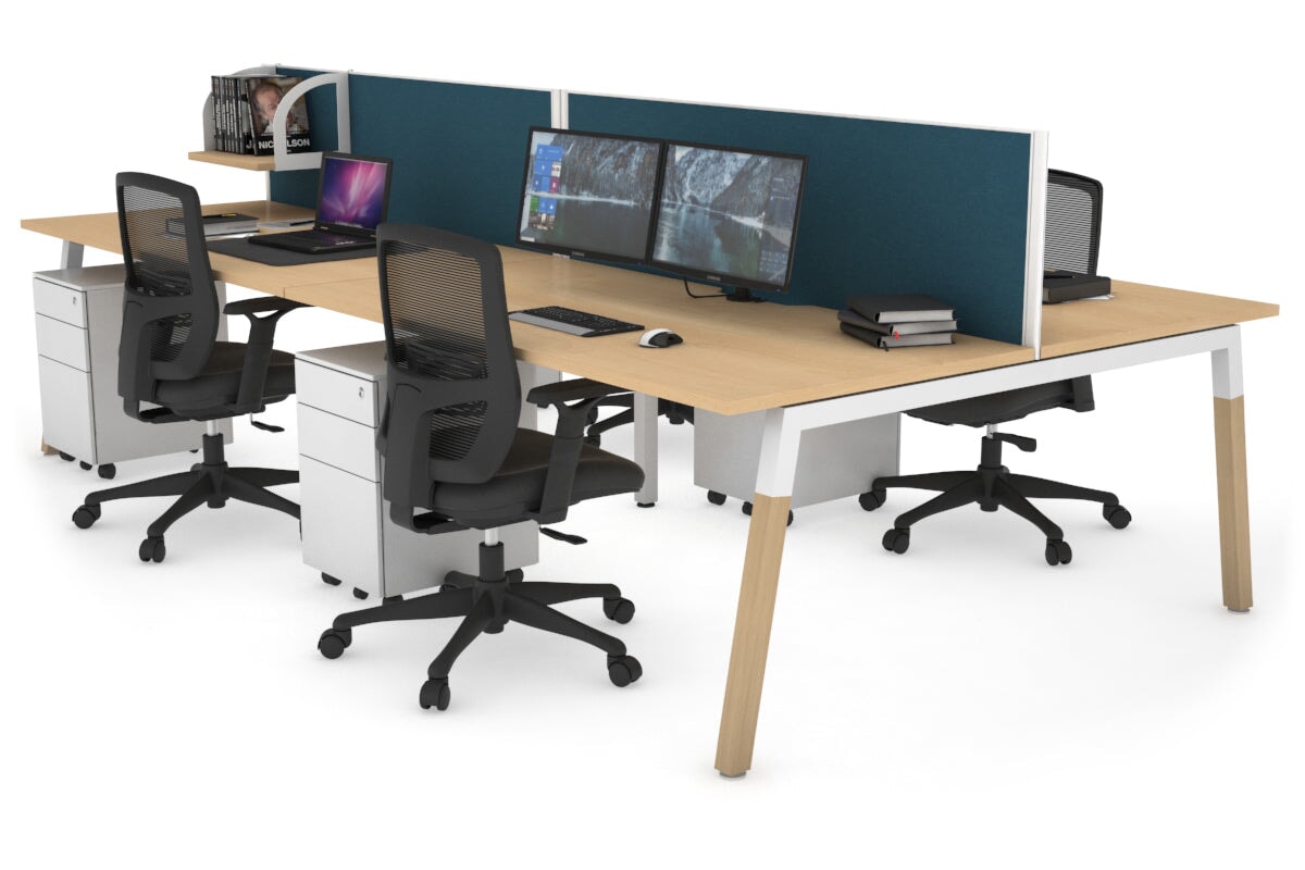 Quadro A Legs 4-Person Office Workstation with Wood Legs & Cross Beam - 1400L x 800W Dimensions, Cable Management Scallop | Perfect for Collaborative Workspaces & Modern Offices