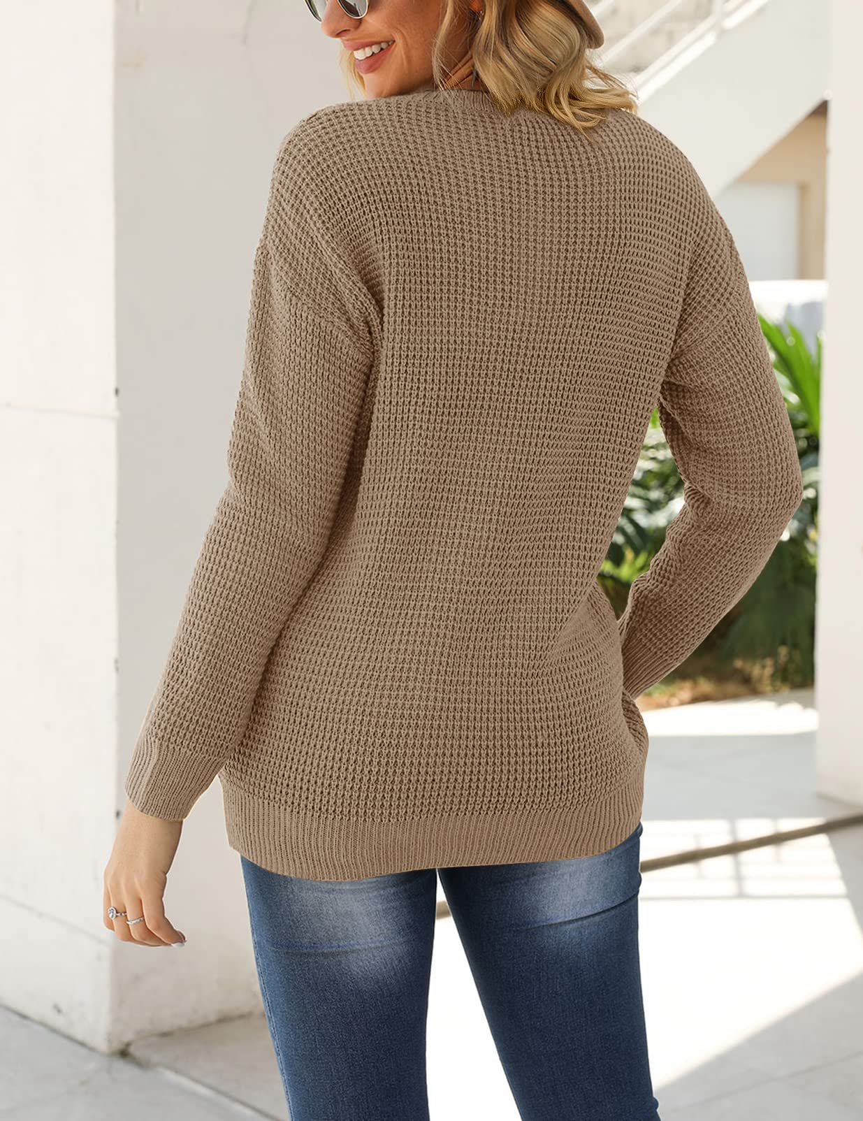 MEROKEETY Women's 2024 Long Sleeve Waffle Knit Sweater - Crew Neck Solid Color Pullover Jumper Tops for Women | Cozy Fall Winter Casual Wear, Office Outfits & Weekend Layering