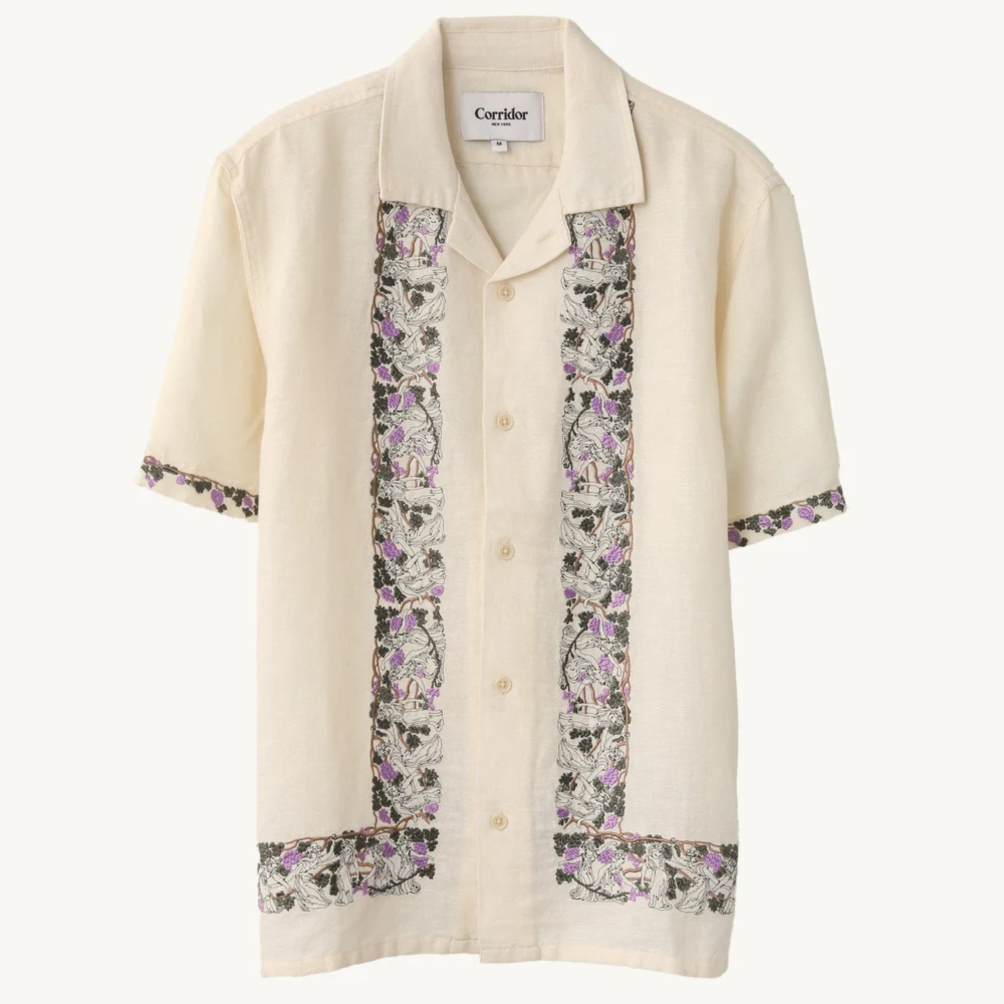 Bacchanal Embroidered Short Sleeve Camp Shirt for Men - Natural Cotton Casual Button Down Shirt - Perfect for Summer Outings, Beach Vacations & Casual Fridays