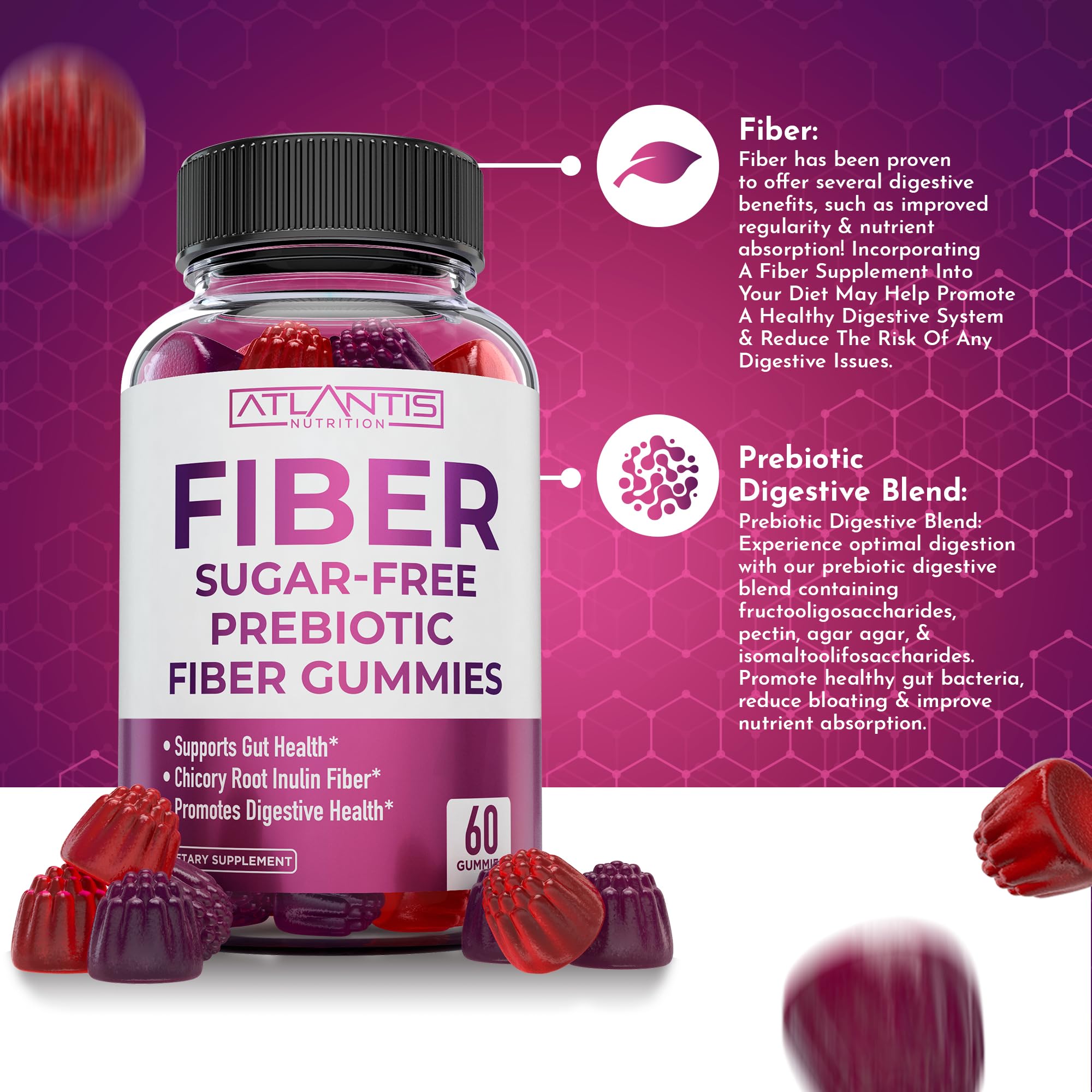 Atlantis Nutrition Sugar Free Prebiotic Fiber Gummies for Adults - 2 Pack (120 Gummies) | Keto Friendly Digestive Support | Apple Cider Vinegar Supplement 60 Gummies | Supports Gut Health & Weight Management - Perfect for Keto Diet & Daily Wellness Routine