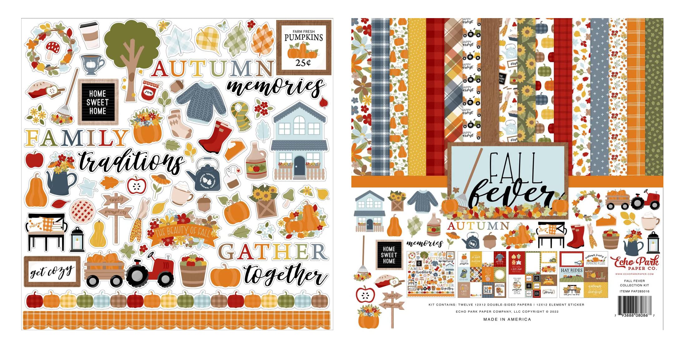 Echo Park Paper Fall Fever 12x12 Scrapbook Collection Kit with Cardstock Elements Sticker Sheets - Perfect for DIY Scrapbooking, Card Making, and Fall-Themed Craft Projects