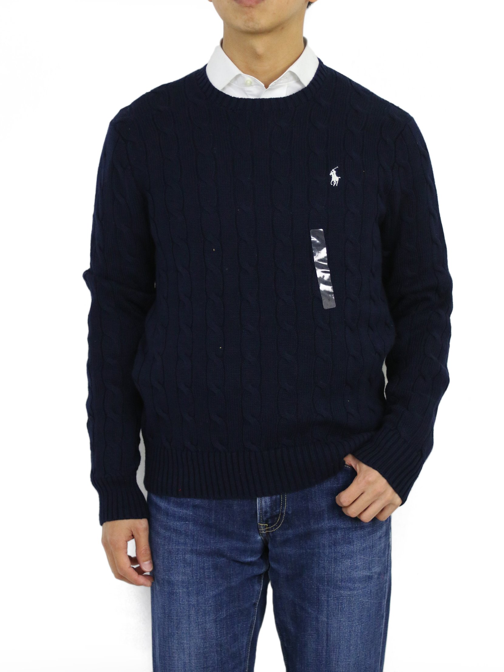 Polo Ralph Lauren Men's Cotton Cable Knit Crewneck Sweater - Medium - Navy & White | Classic Casual Wear for Office & Weekend Outings