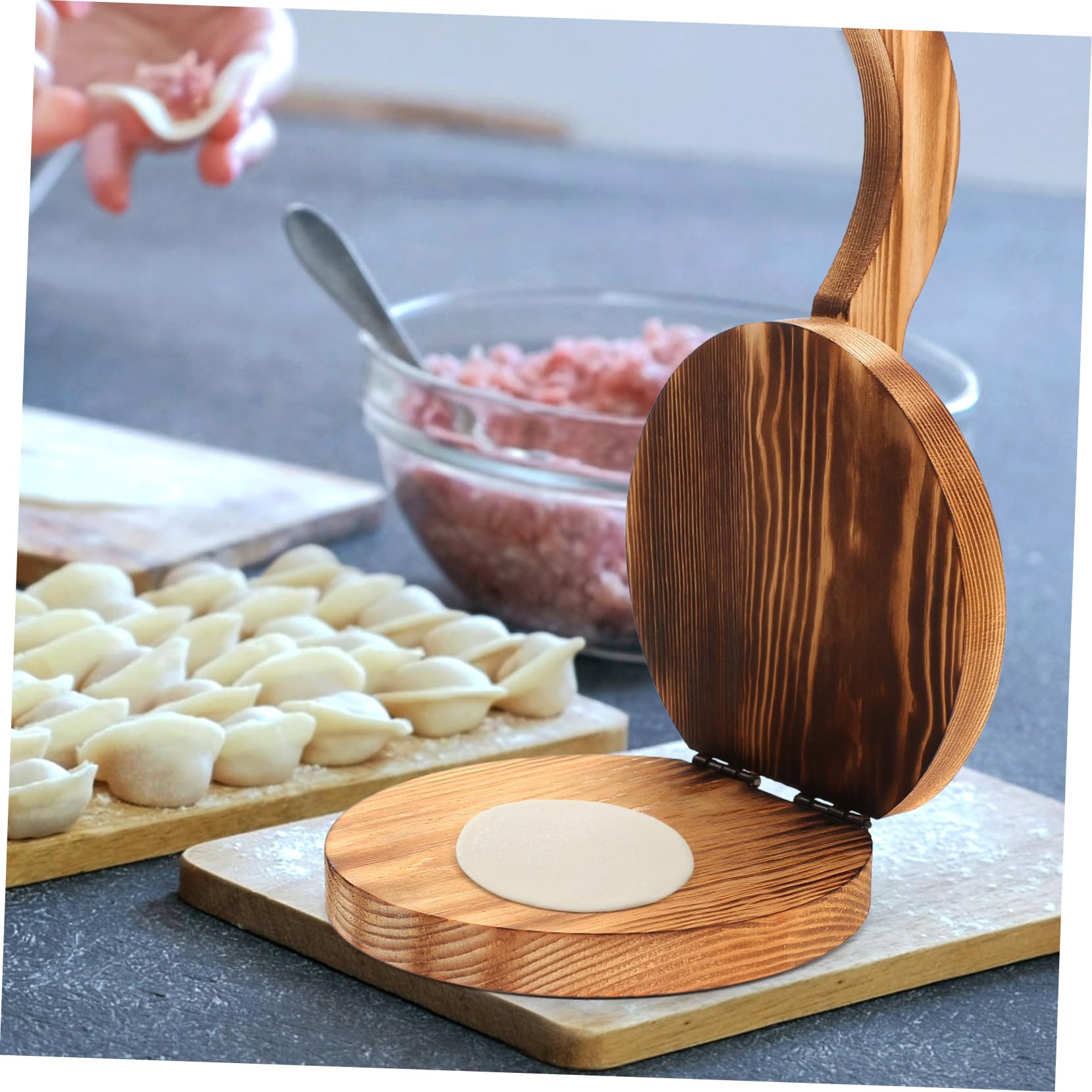 Wooden Dumpling Maker & Pizza Press - Dough Pressing Tool for Easy Homemade Dumplings & Pizzas | Essential Kitchen Gadget for Baking, Cooking & Meal Prep | Dishwasher Safe & Easy to Clean
