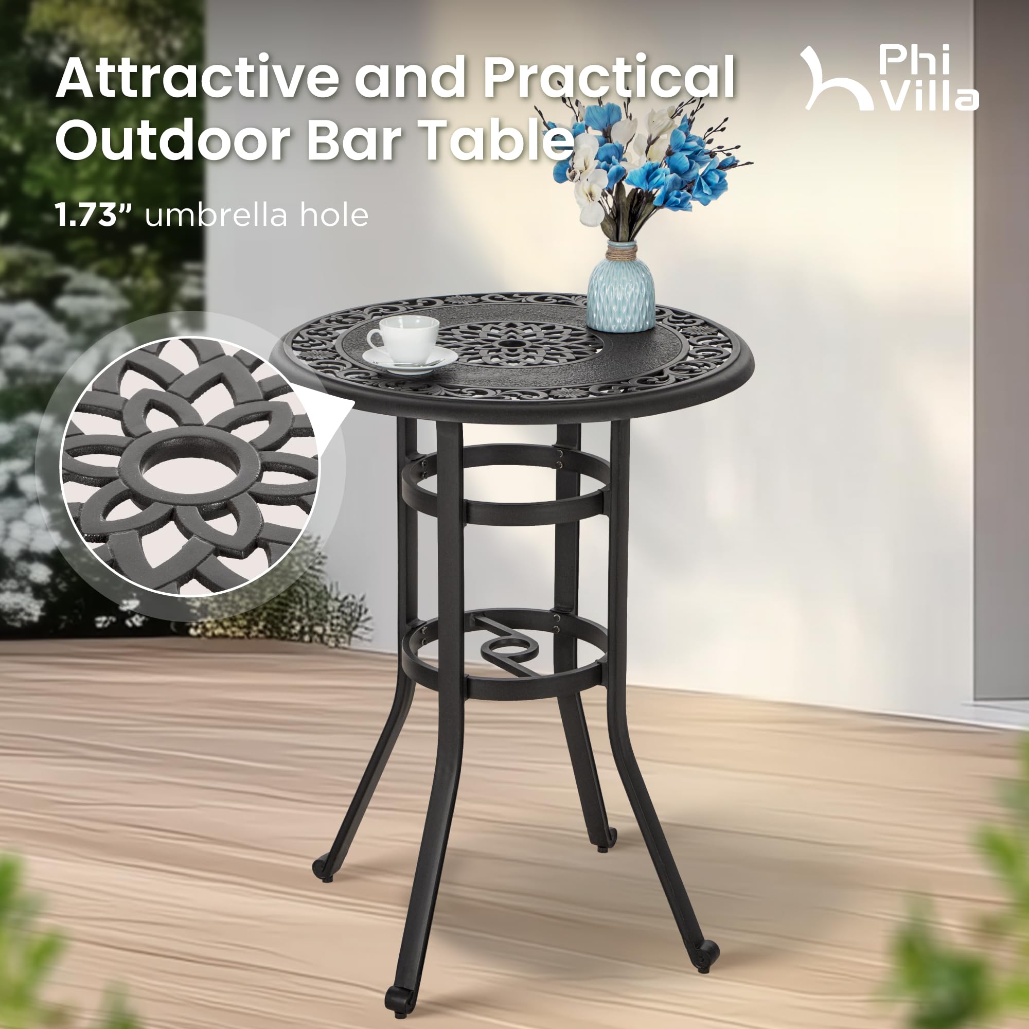 PHI VILLA 3-Piece Outdoor Patio Furniture Set - Brown Cast Aluminum High Top Table with Swivel Bar Stools & Cushions - Durable Bistro Pub Set for Garden, Deck, Backyard & Poolside Dining