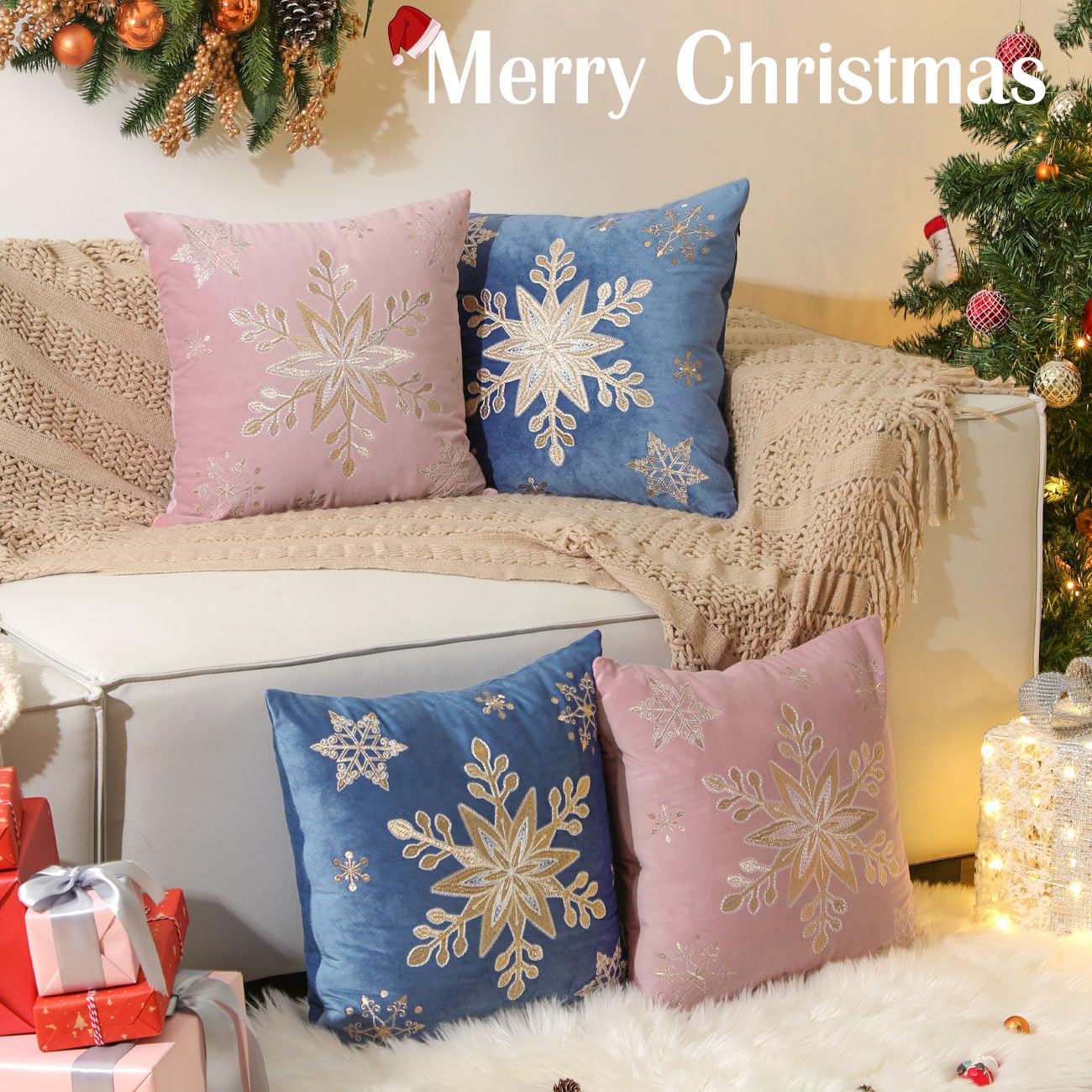 Lewondr 18x18 Inch Christmas Throw Pillow Covers Set of 2 - Embroidered Snowflake Velvet Decorative Pillowcases for Sofa, Couch, Bed, Living Room - Soft Square Home Decor in Pink - Perfect for Holiday Decorations & Cozy Winter Nights