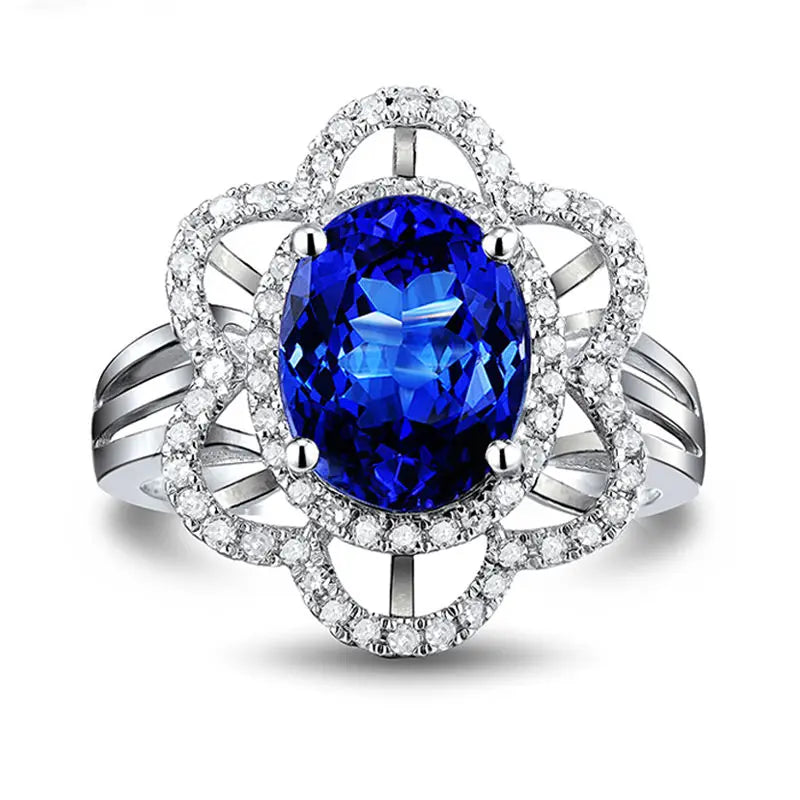 18K White Gold Blue Tanzanite Wedding Ring for Women - Princess Diana Inspired Floral Engagement Ring for Brides, Anniversaries & Special Occasions