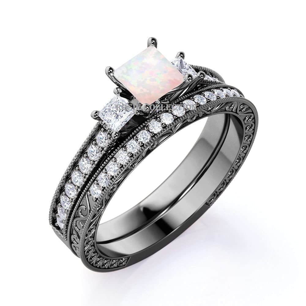 Art Deco Two-Piece Wedding & Engagement Ring Set - Princess Cut Opal & CZ in 925 Sterling Silver (Multiple Colors) | Perfect for Bridal Jewelry, Anniversary Gifts & Special Occasions