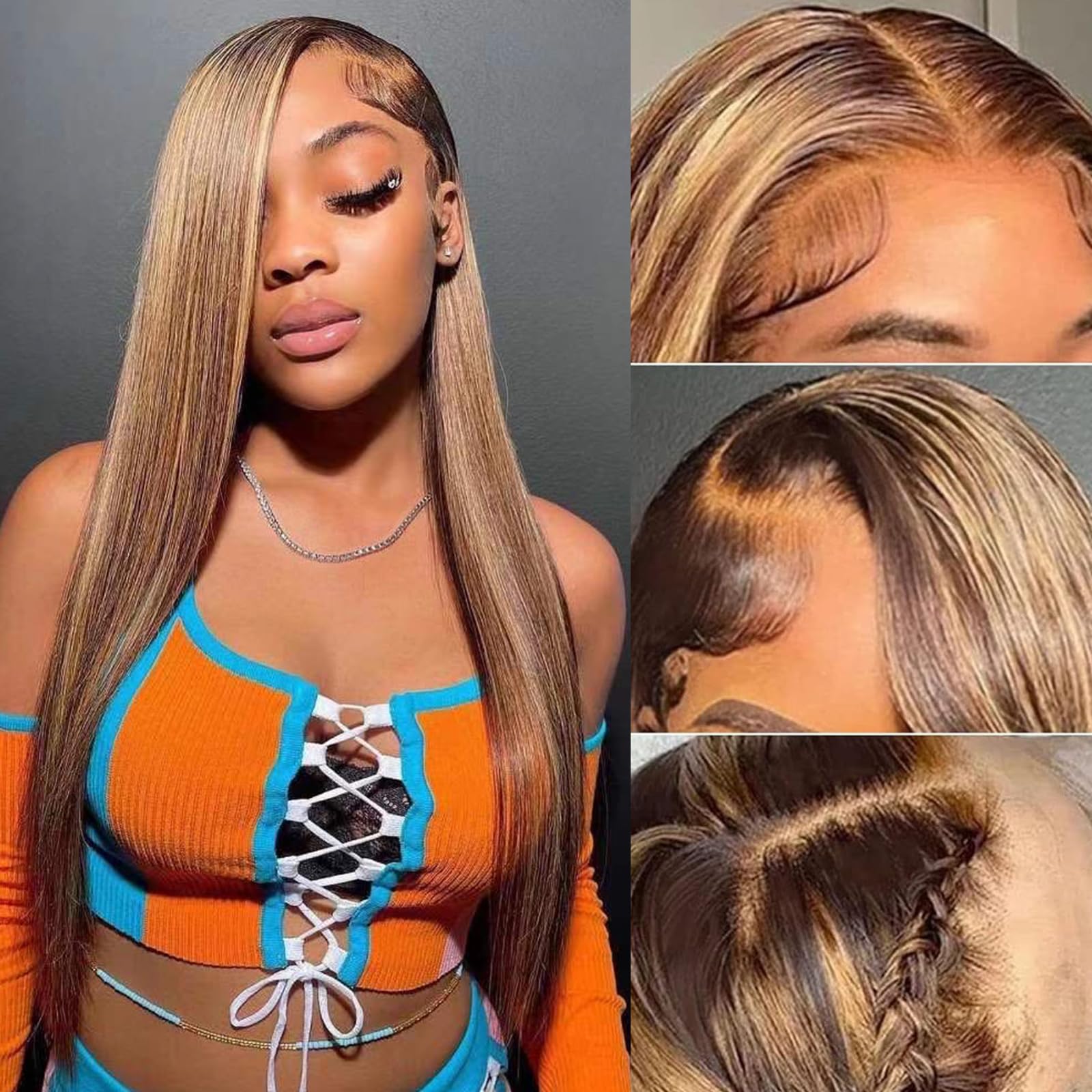 13x4 HD Straight Lace Front Wig Human Hair - Ombre Highlight 180% Density Pre-Plucked with Baby Hair | Perfect for Daily Wear, Cosplay & Special Occasions
