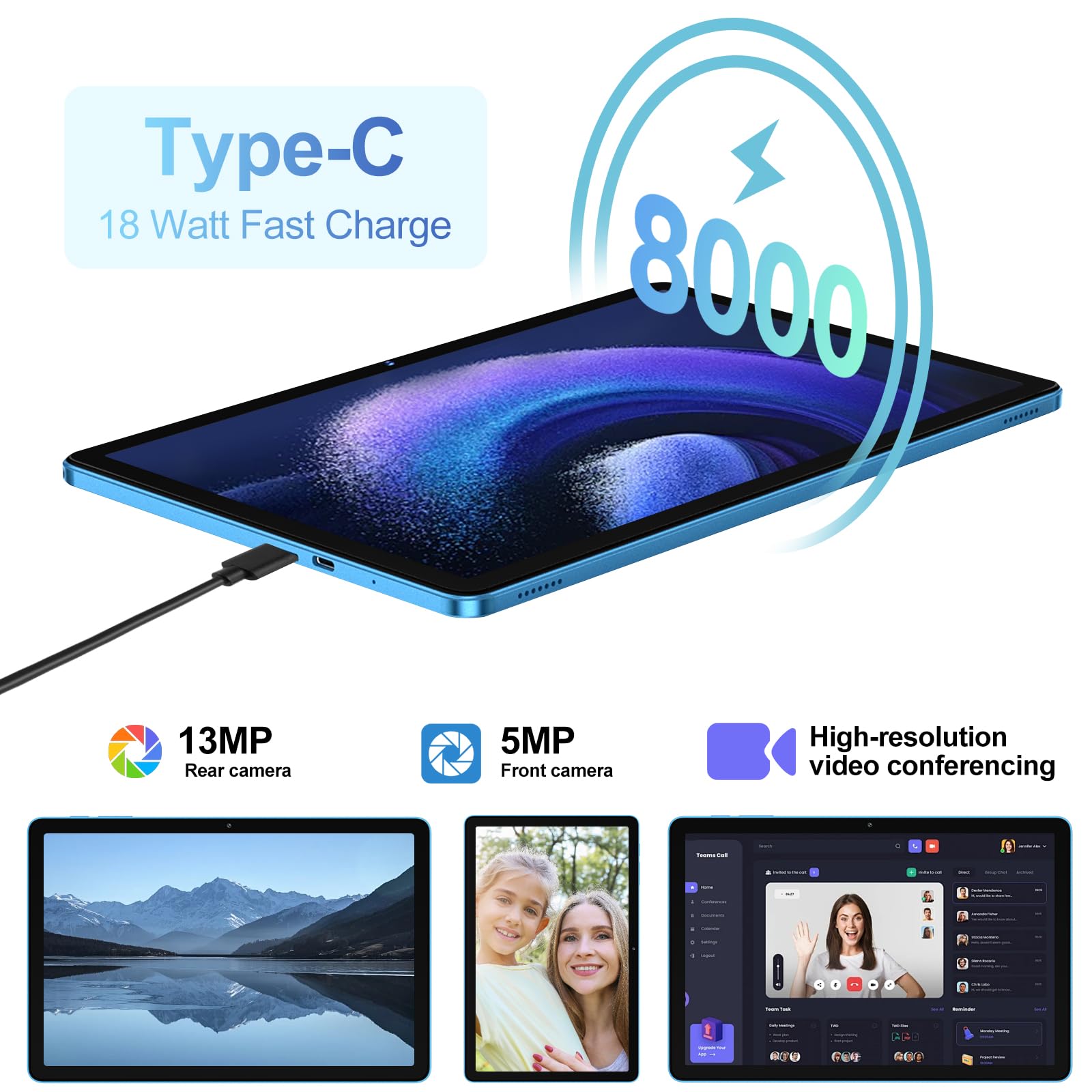 11 Inch Android 14 Tablet with Widevine L1, 8000mAh Battery & 18W Fast Charging, 13MP+5MP Dual Camera, 20GB RAM + 128GB ROM (Expandable to 1TB), 5G WiFi, GPS, Octa-Core 2.0GHz, Face ID, 1280x800 HD Display, Blue - Perfect for Streaming, Gaming & Remote Work
