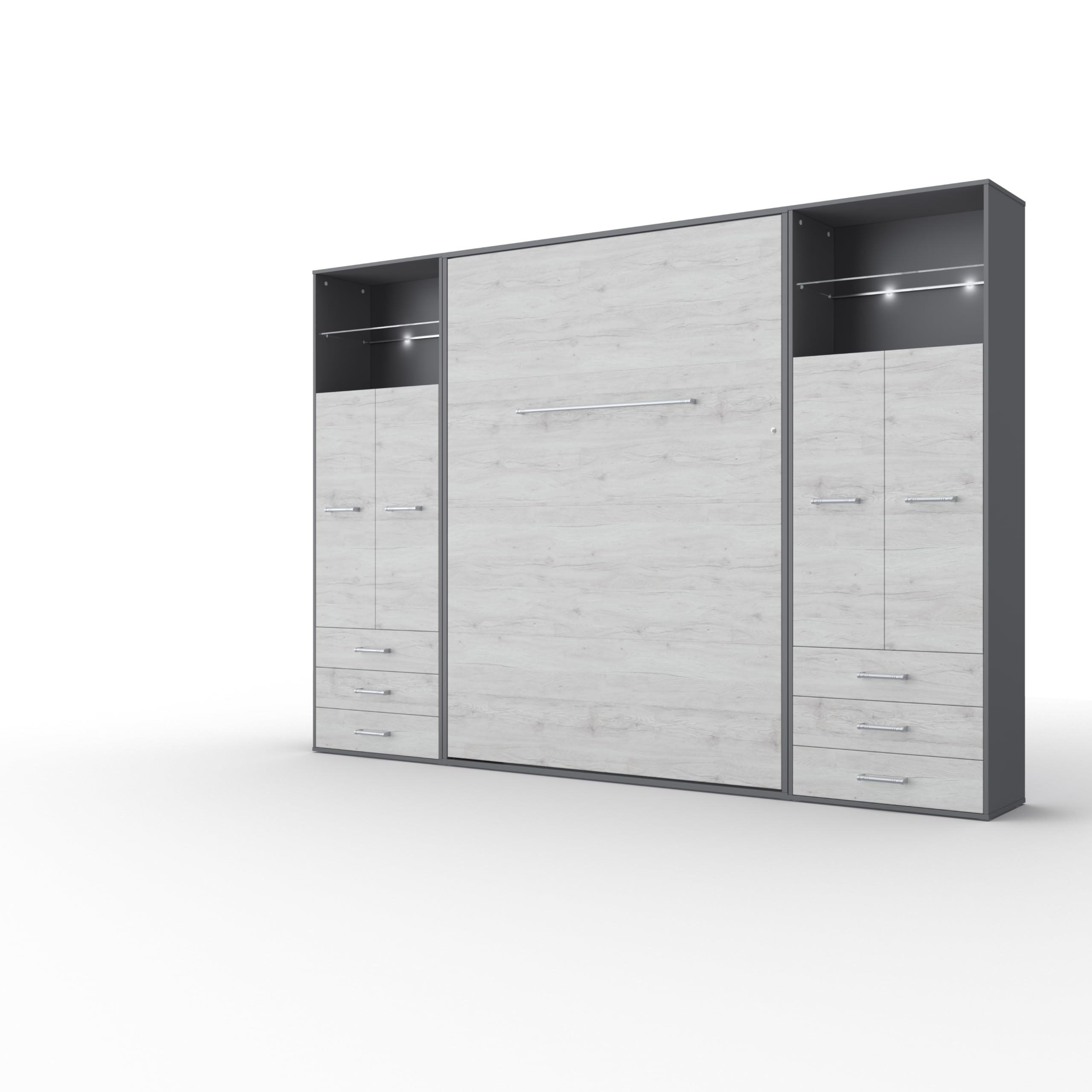 Vertical Wall Bed with Mattress - European Queen Size with 2 Storage Cabinets (Grey/White Monaco) | Space-Saving Murphy Bed for Small Apartments & Guest Rooms