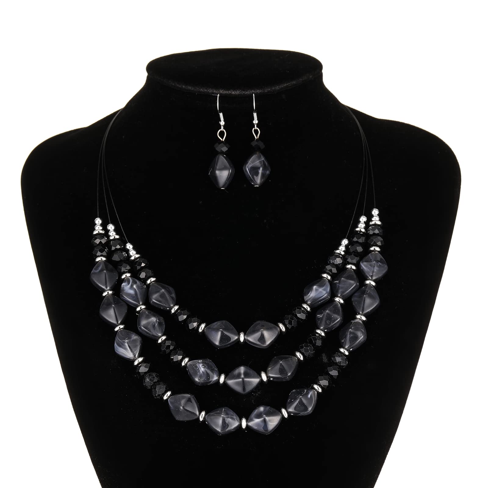 3-Layer Chunky Beaded Statement Necklace Set with Matching Earrings - Women's Fashion Jewelry for Parties, Weddings & Special Occasions - Perfect Gift for Her