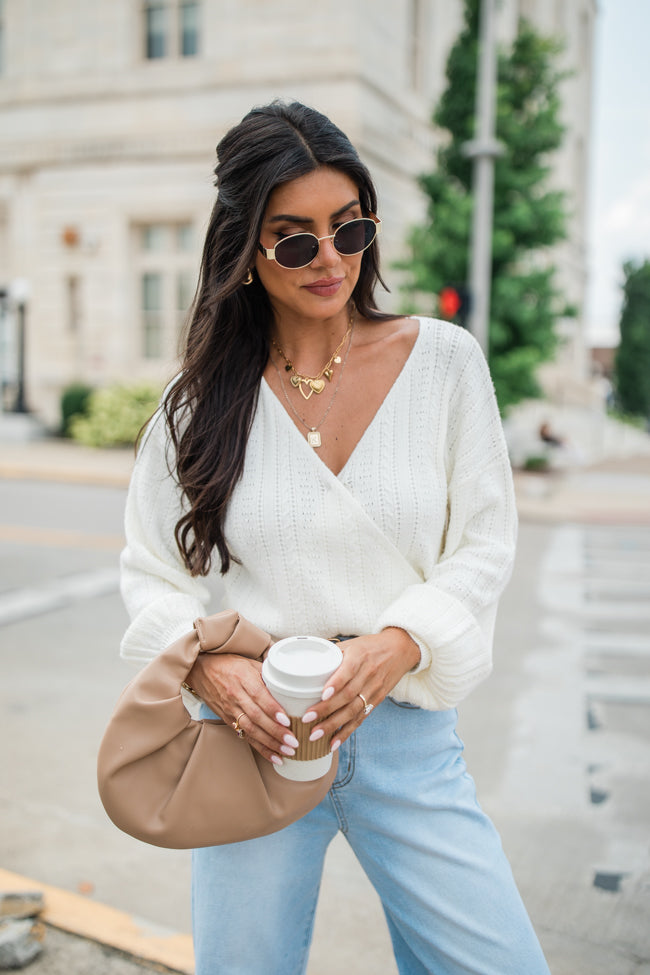 With Love Ivory Wrap Pointelle Sweater for Women - Cozy Knit Pullover for Fall & Winter - Perfect for Casual Outfits, Dates, and Office Wear