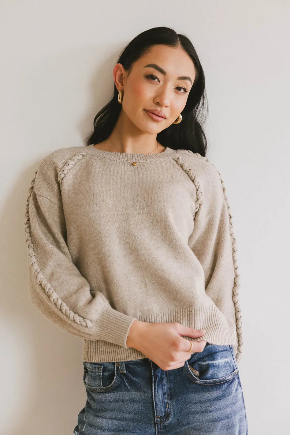 Leony Braided Sweater in Oatmeal - Cozy Knit Pullover for Women | Perfect for Fall & Winter Layering, Casual Outings & Coffee Dates