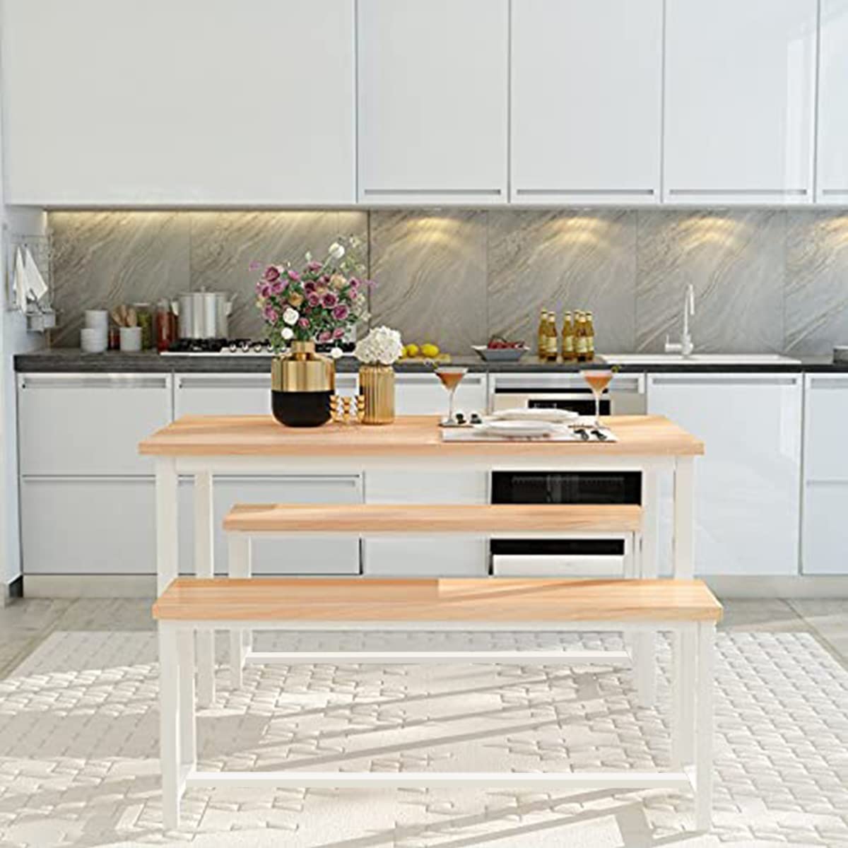 AWQM 3-Piece Dining Table Set with 2 Benches - Metal Frame & MDF Board Kitchen Table for 4 People - Perfect for Home, Breakfast Nook, Farmhouse, or Small Space Dining | Compact Dining Solution for Apartments, Kitchens & Cozy Cafes