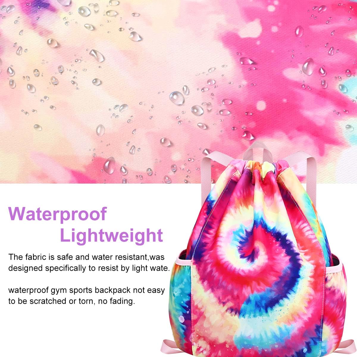 RHCPFOVR Kids Tie Dye Drawstring Backpack - Lightweight Mini Gym Bag for Girls, Dance, Beach, Swim & Travel with Dual Water Bottle Holders | Perfect for School, Sports & Outdoor Activities