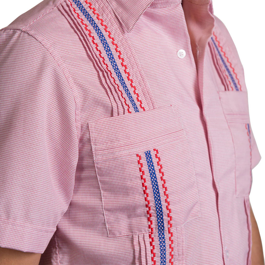 San Cristobal Red Checkered Short Sleeve Guayabera Shirt for Men - Casual Summer Wear, Beach Outings & Tropical Vacations