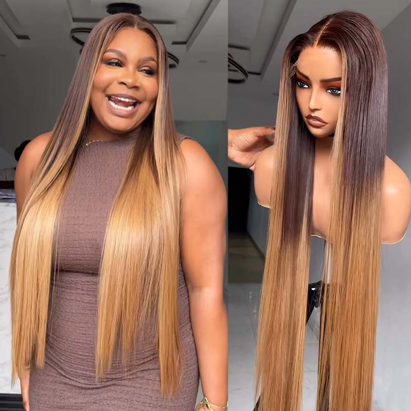 Eullair Ombre Chocolate Brown with Honey Brown Sunk Stripe Straight Human Hair Wig - Pre-Colored Transparent HD Lace Frontal Wig for Women (EW010) | Natural Look for Daily Wear, Parties & Special Occasions