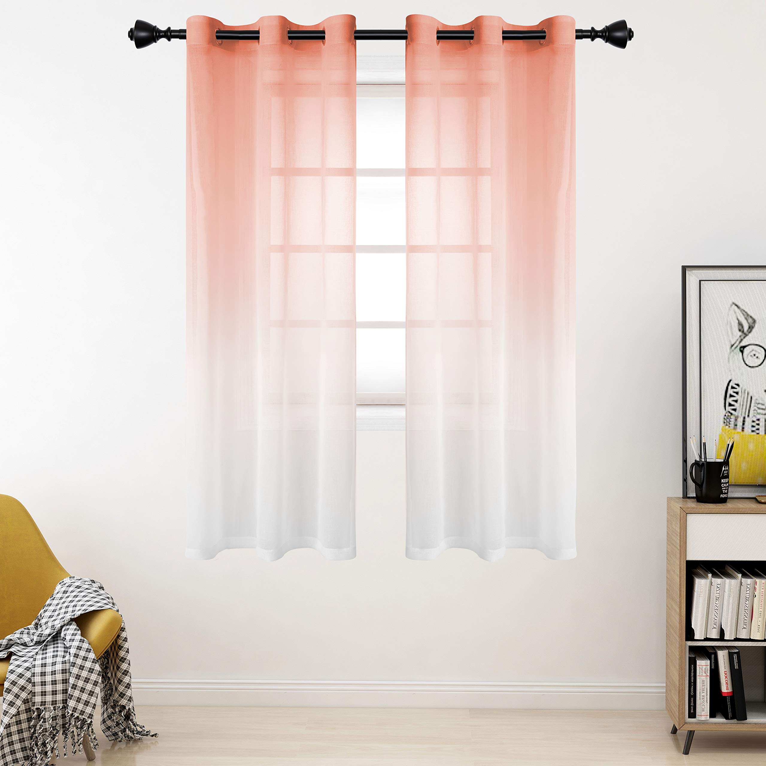 Faux Linen Ombre Sheer Curtains 42x63 Inch - Blush Pink Gradient Voile Semi-Sheer Grommet Curtain Panels Set of 2 for Bedroom & Living Room | Light Filtering Window Drapes for Privacy & Soft Natural Light
