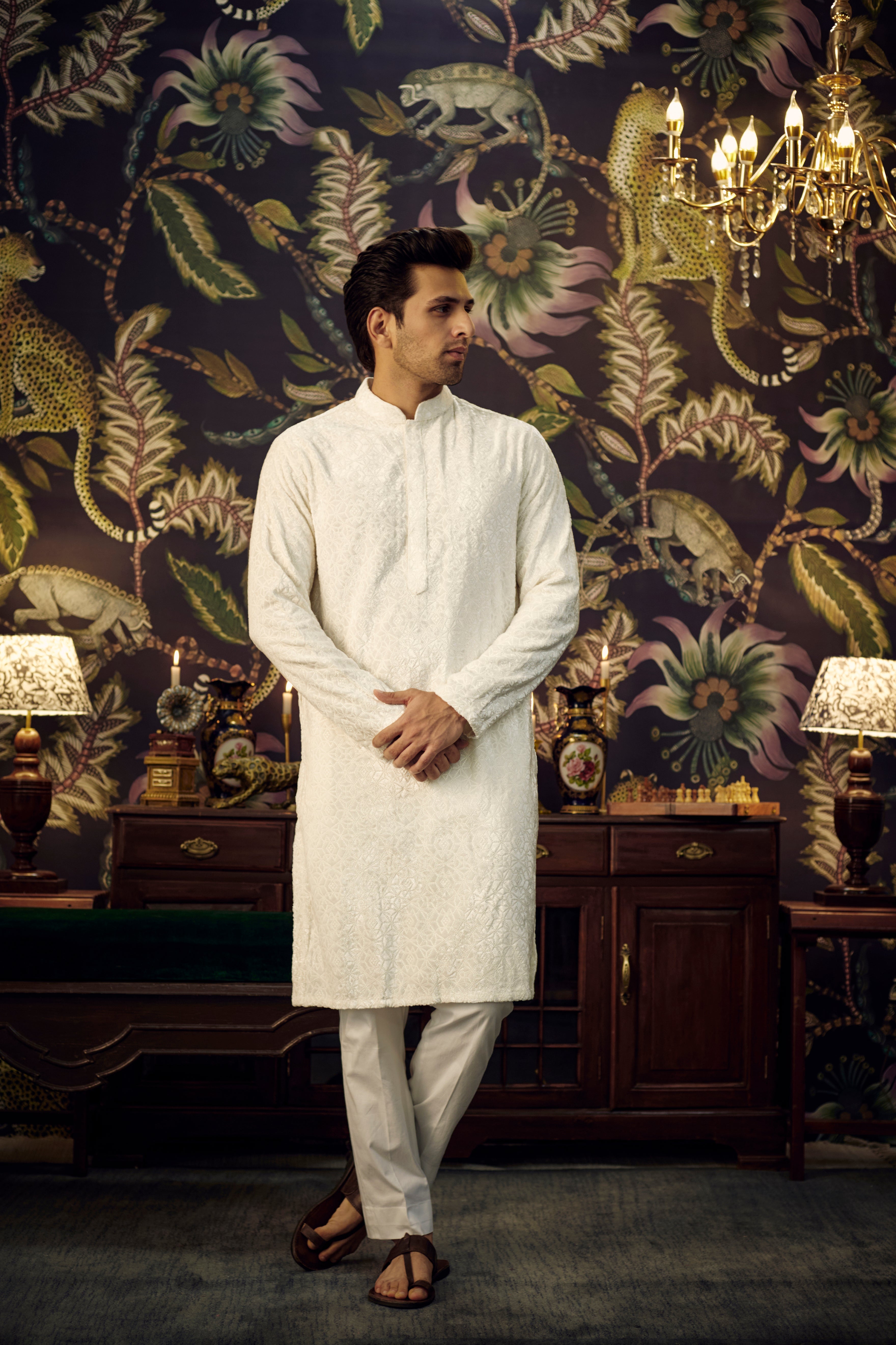 Elegant Off-White Geometric Embroidered Kurta with Tone-on-Tone Thread Work - Perfect for Festive Occasions, Weddings & Ethnic Fashion