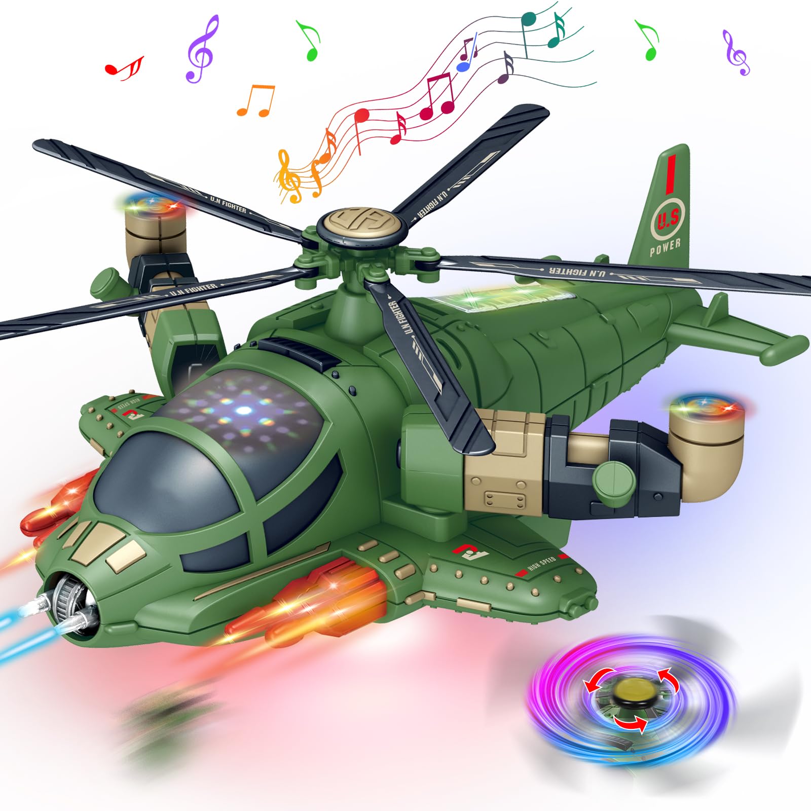 **Best Helicopter Toy for Toddlers 1-5 Years - LED Lights & Fun Sounds, 360° Rotation, Auto Bump Feature - Autism Sensory Toy for Boys & Girls - Perfect Birthday Gift for Kids (Green) - Indoor & Outdoor Play**