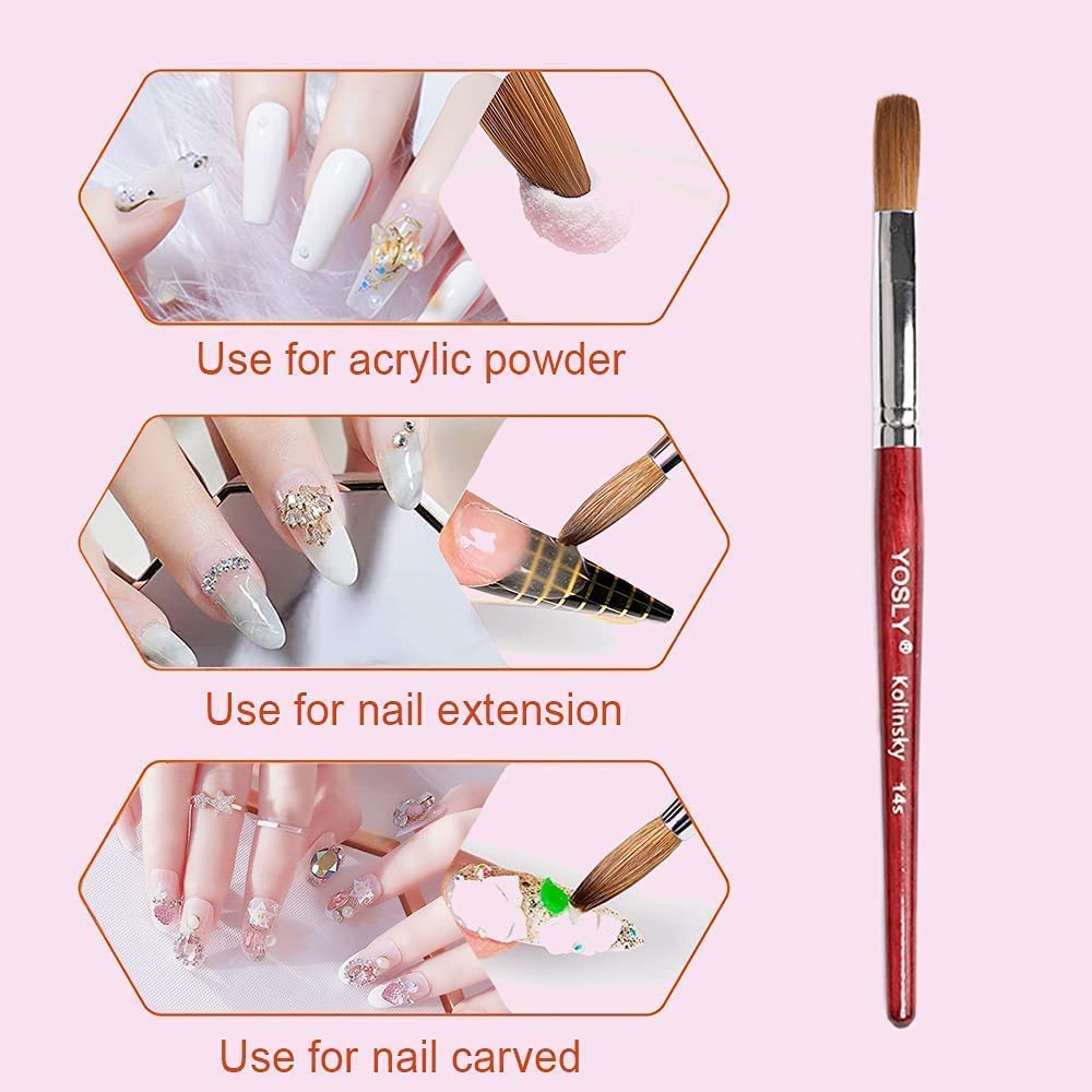 Premium Yosly Acrylic Nail Brush & Cuticle Pusher - 100% Kolinsky Hair Professional Nail Art Brush for Acrylic, Gel & Powder Nails - Salon Quality #10 Nail Design Tool - Perfect for Home Manicures & Professional Nail Art Studios