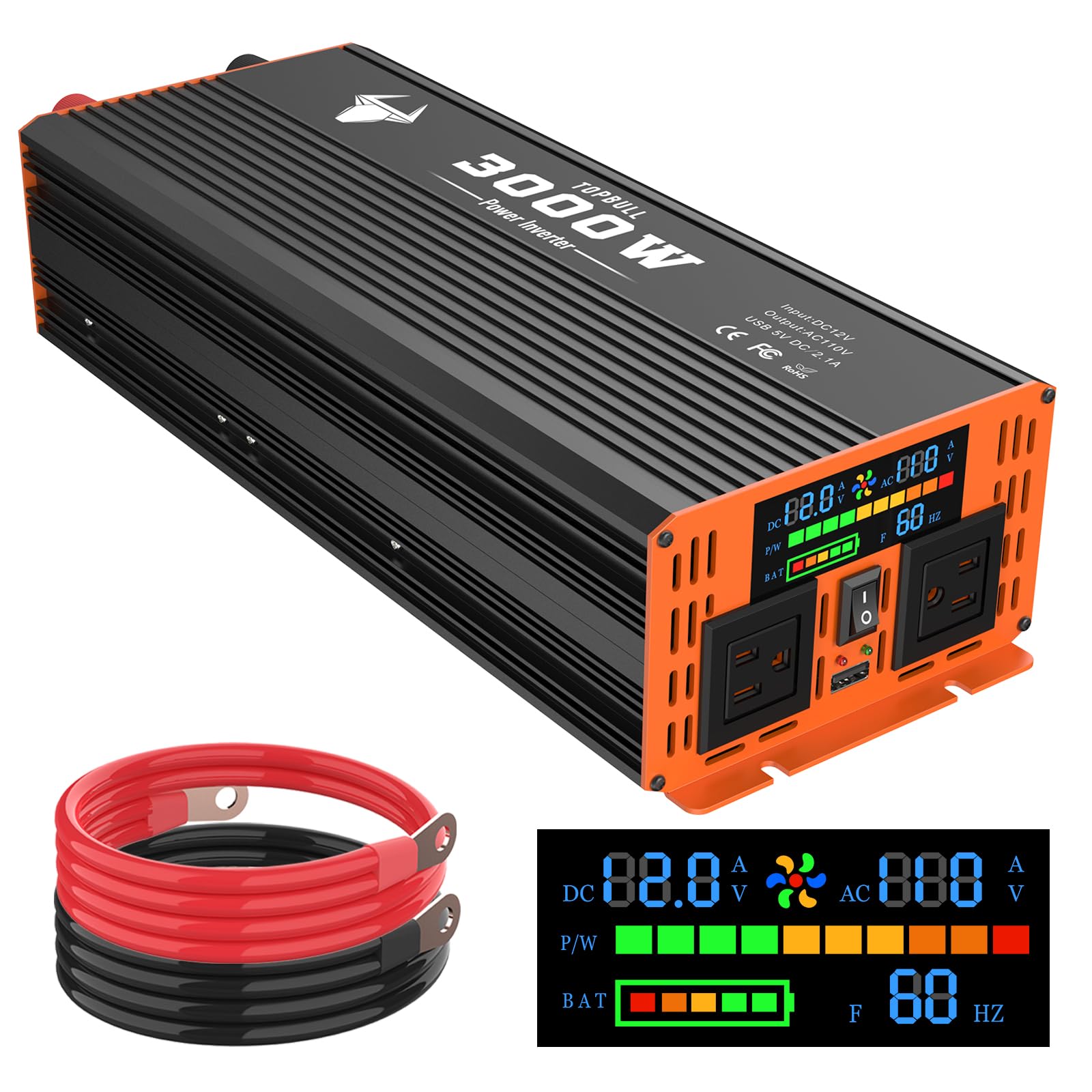 3000W Power Inverter 12V DC to 110V AC Converter with LED Display, Dual AC Outlets & USB Port - Car, Home, RV Power Supply for Laptops, Appliances, Outdoor Camping