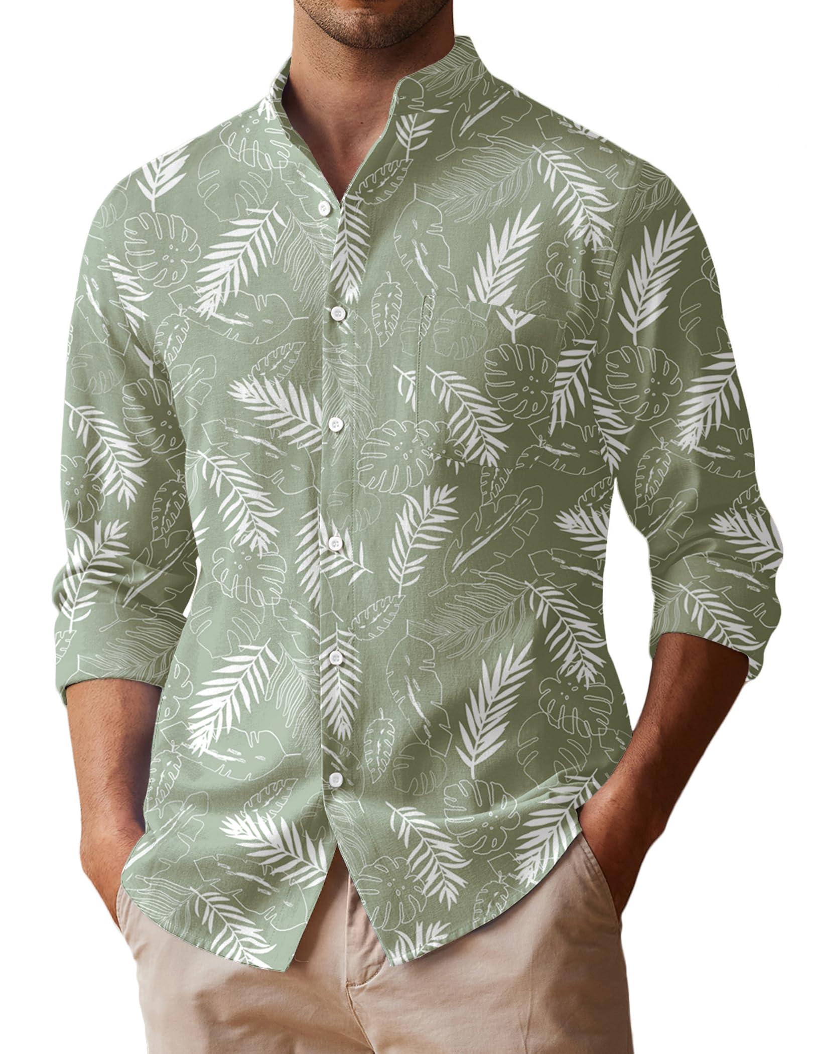 COOFANDY Men's Long Sleeve Linen Shirt - Band Collar Button Down Oxford Dress Shirt for Casual & Business Wear | Breathable Summer Office & Wedding Attire