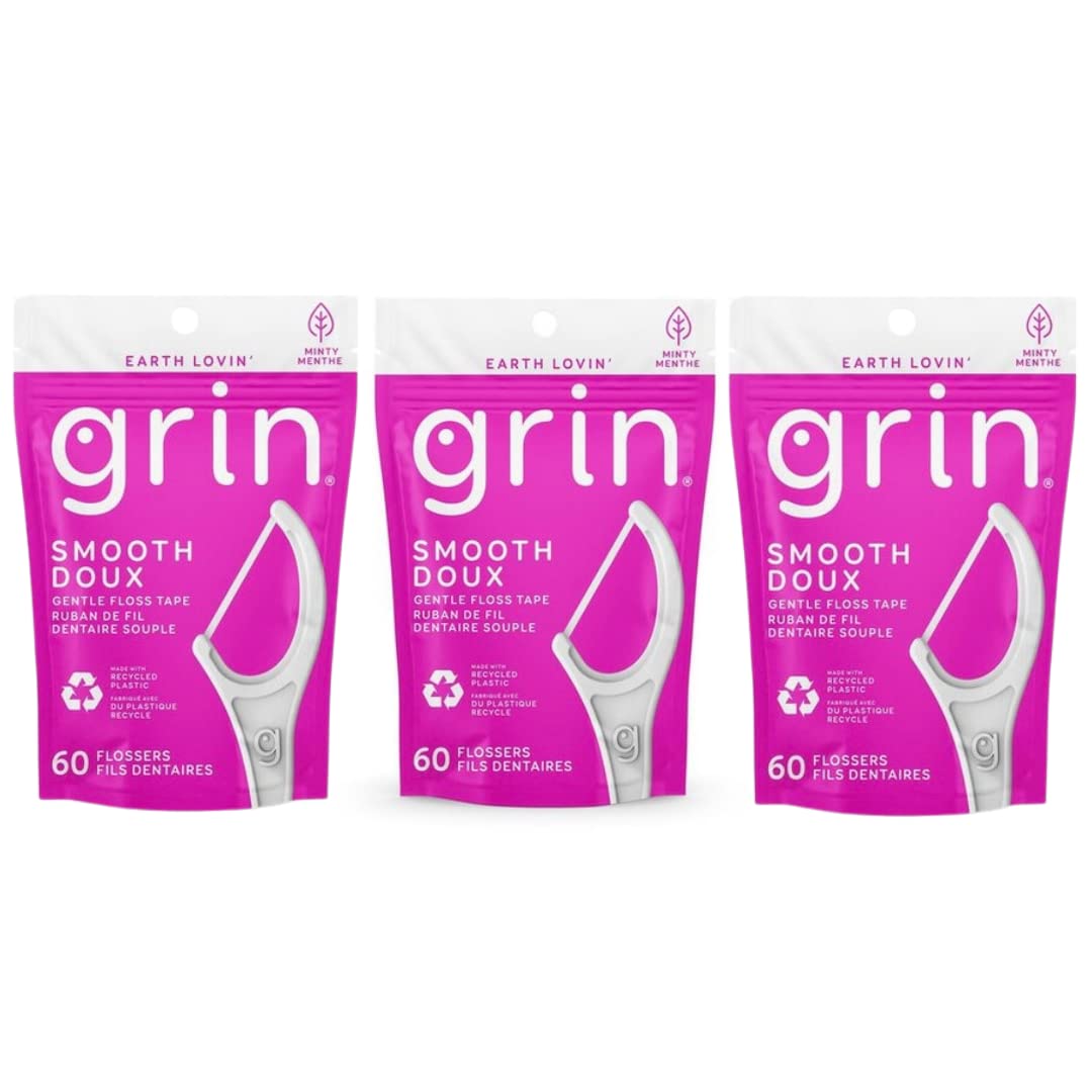 GRIN Dental Floss - 3 Packs of 60 (Smooth Gentle Floss Tape) | Mint Flavored, Waxed, Extra Soft | Perfect for Travel, Home & Office Oral Care
