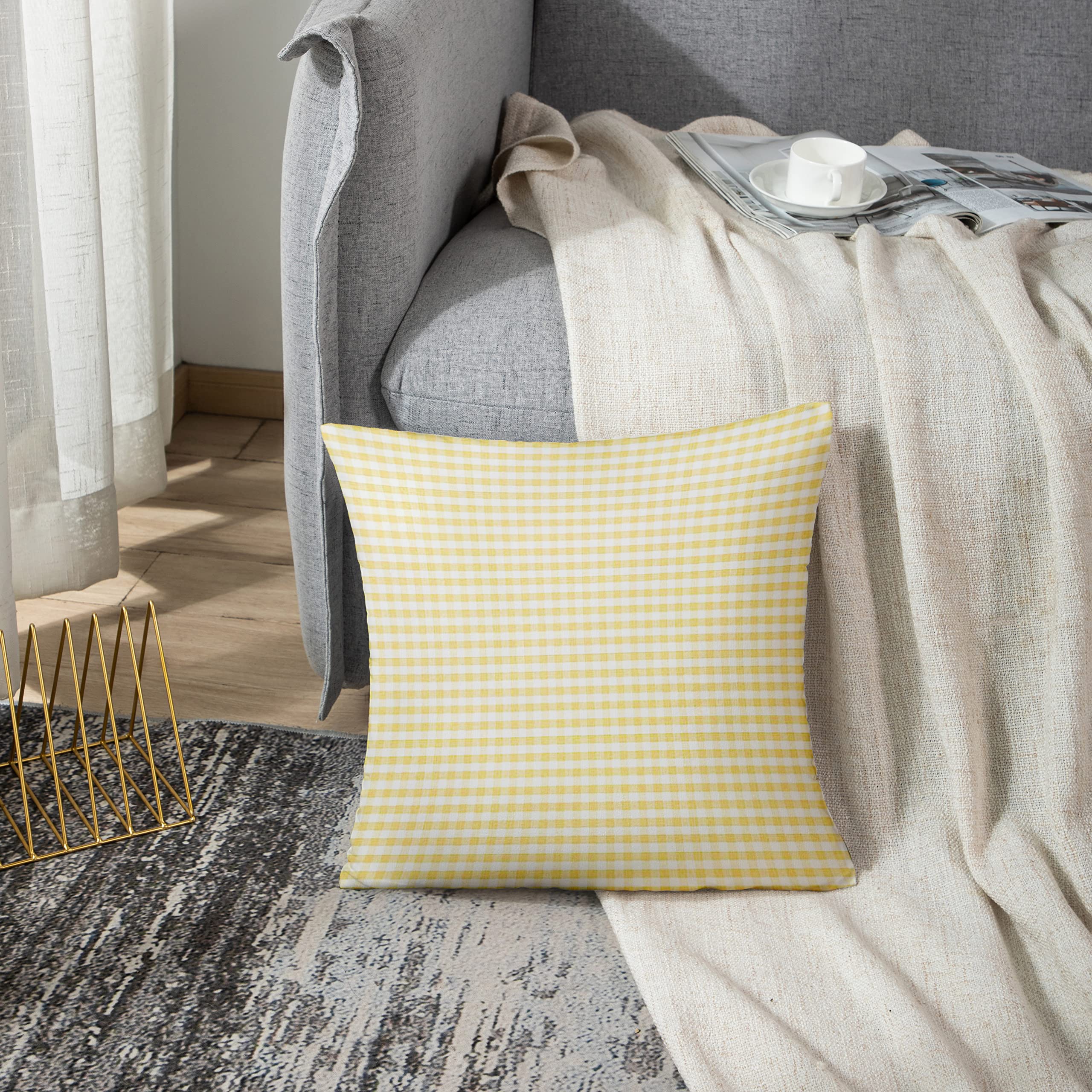 Emvency Yellow Gingham Throw Pillow Cover 18x18 Inch - Spring & Summer Home Decor, Accent Cushion Case for Living Room, Sofa, Bedroom - Square Decorative Pillow Sham