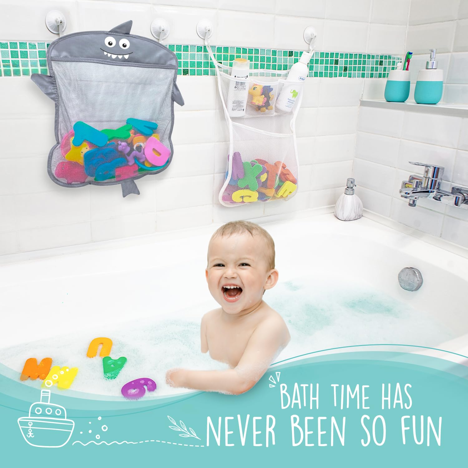 Comfylife Baby Bath Toy Organizer with Foam Numbers, Letters & Squirty Toys - Waterproof Shower Storage Net for Bathtub - Perfect for Toddler Bath Time Fun & Bathroom Organization