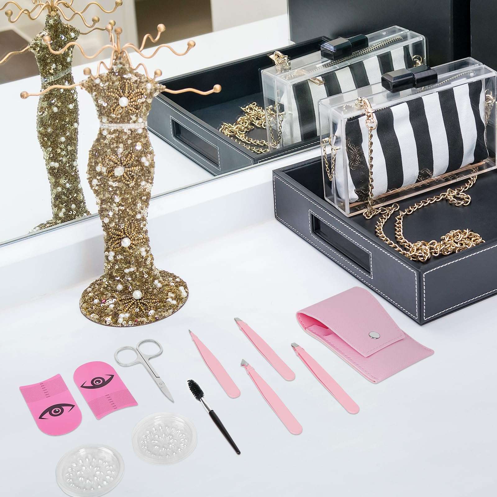 Premium Tweezers Set for Eyelash Extensions - Professional False Eyelash Glue Holders & Pink Eyelash Ruler for Precise Measuring - Ideal for Salon, Home Use & DIY Lash Artists