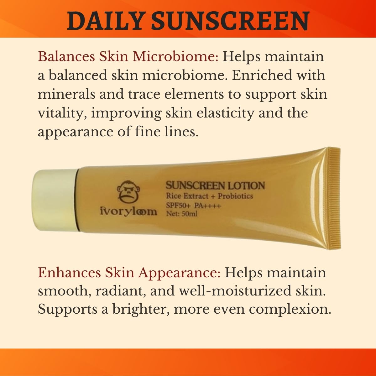 ivoryloom SPF 50+ Sunscreen with Rice Extract & Probiotics | Broad Spectrum UVA/UVB Protection | Oil-Free & Non-Comedogenic | Water Resistant | 1.7 oz | Perfect for Oily Skin & Daily Outdoor Activities
