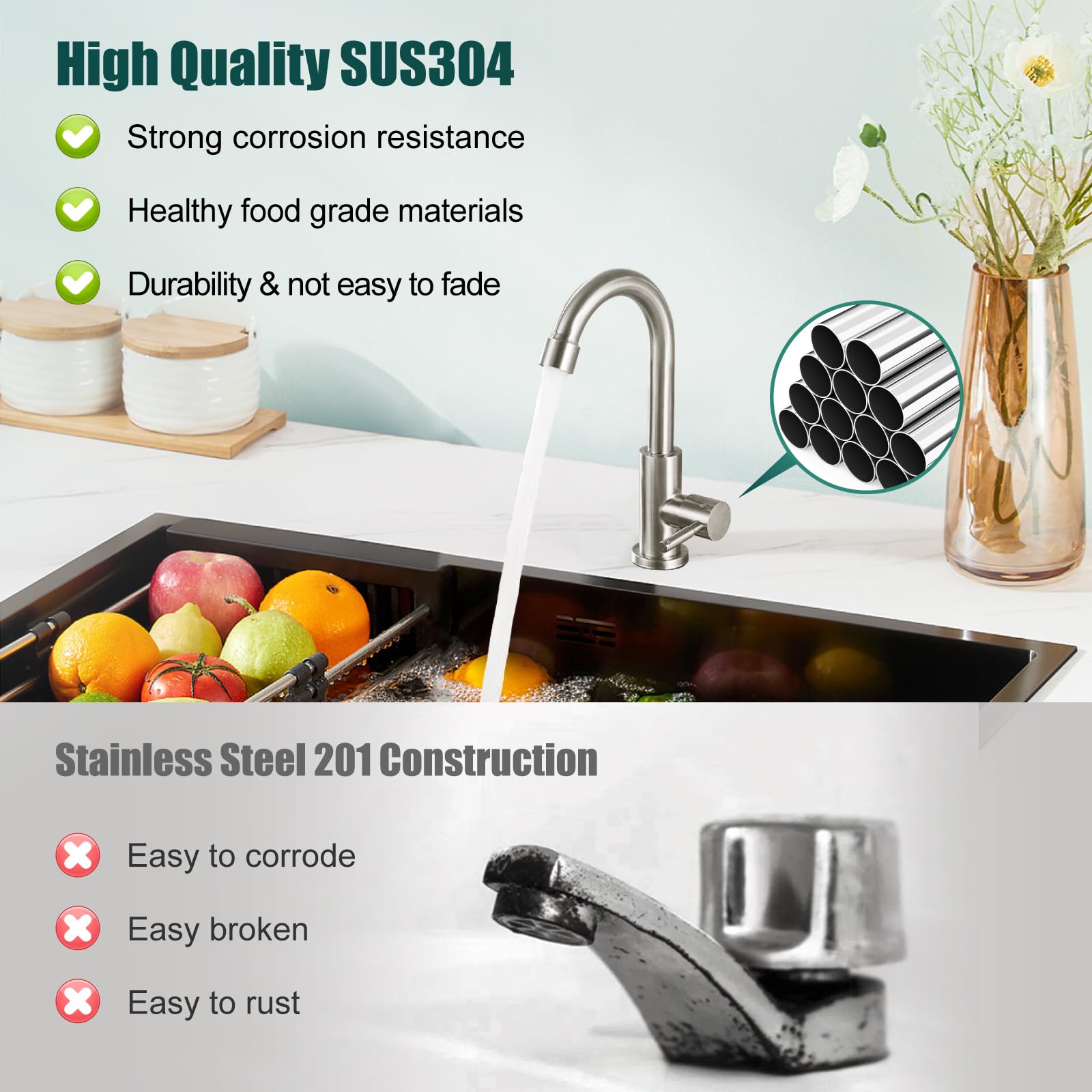 Stainless Steel Single Handle Kitchen Faucet - Brushed Nickel for Sink & Bar Use