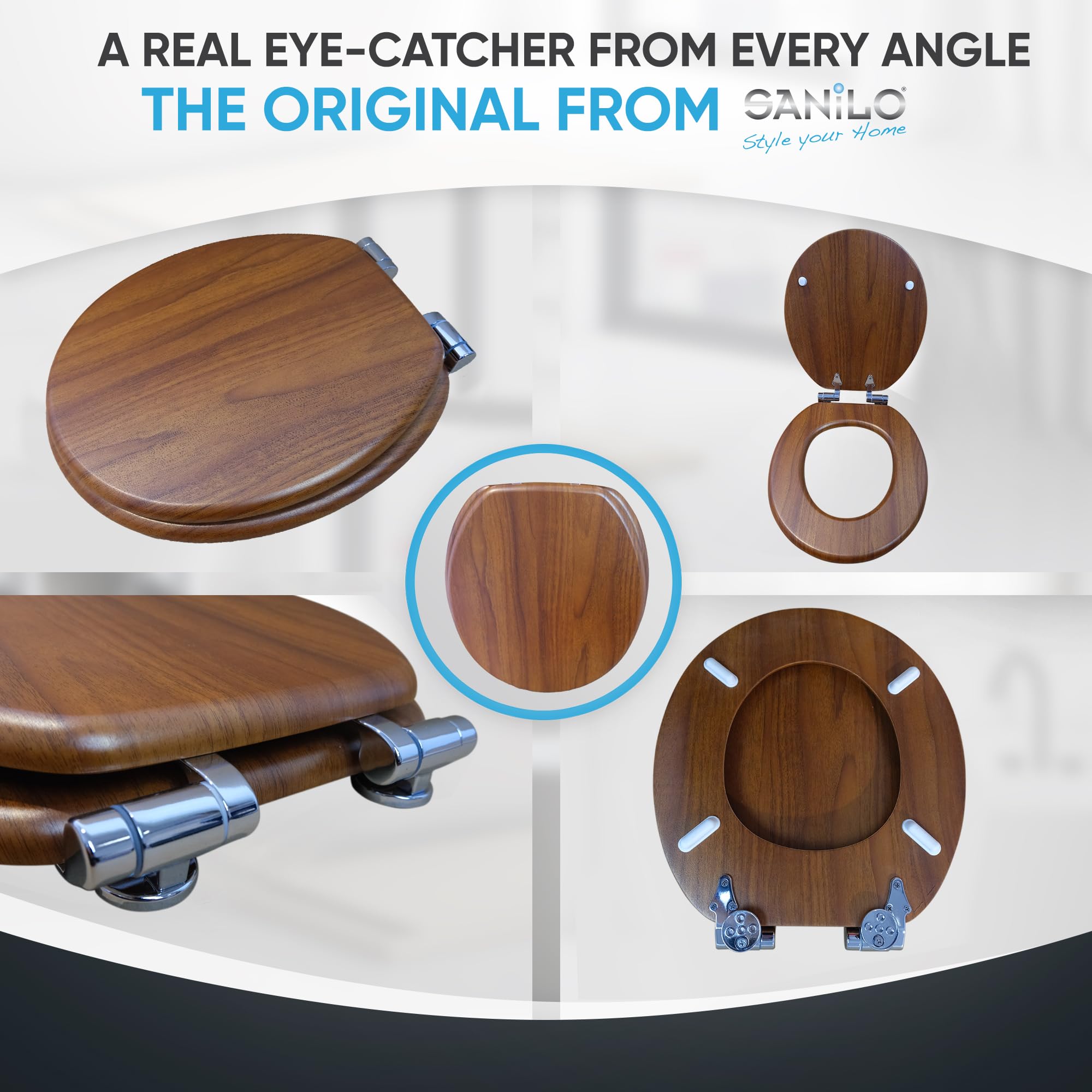 Sanilo Soft Close Toilet Seat ROUND - Quiet Slow Close Lid & Seat with Strong Bumpers & Hinges - Mahogany Wood Bathroom Toilet Seat - Perfect for Home, Hotel, and Office Use