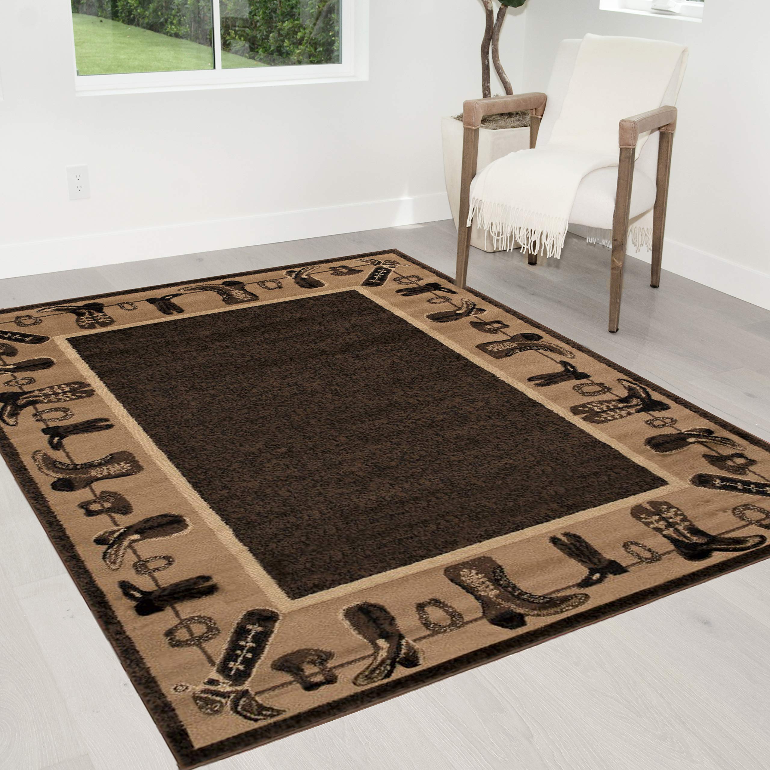 HR Cabin Rug - Lodge & Cabin Nature Themed Area Rug with Modern Geometric Pattern - Abstract Chocolate/Beige Cowboy Boots & Hat Design - Perfect for Western Home Decor, Ranch Living Rooms, and Rustic Cabins