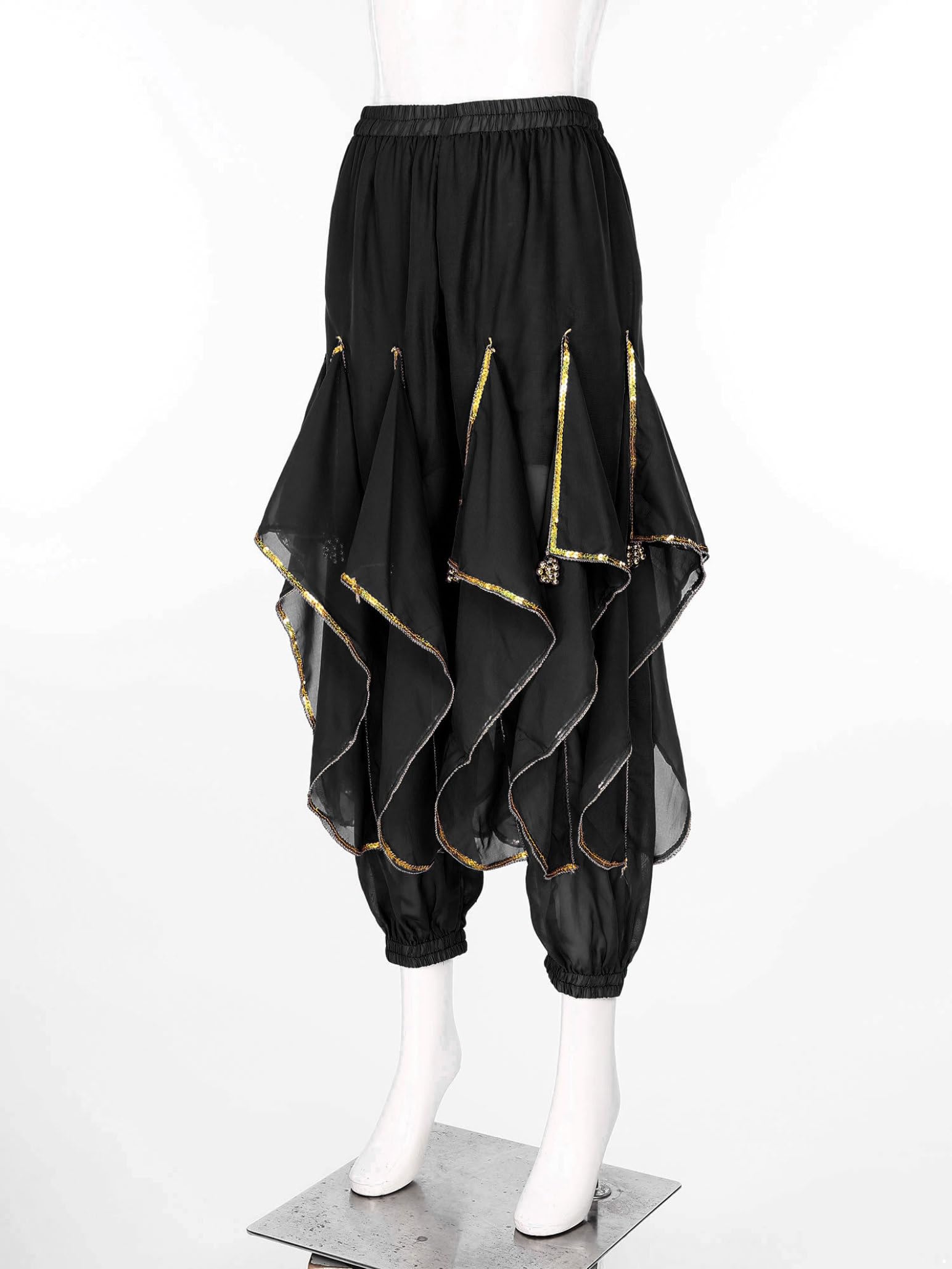 Women's Belly Dance Costume - Ruffle Harem Pants with Gold Trim for Tribal Arabic & Halloween Performances | Perfect for Dance Shows, Cosplay & Themed Parties