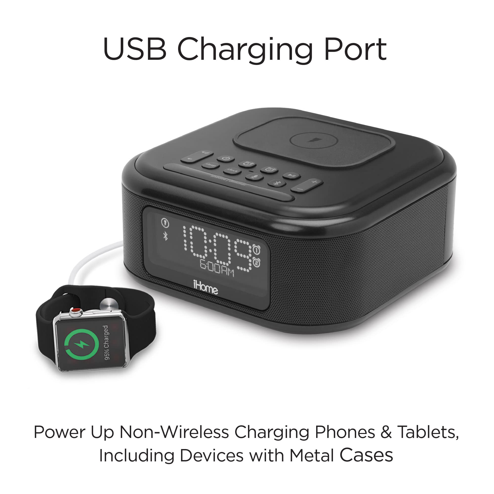 iHome Alarm Clock with Wireless Charging - Bluetooth Speaker & USB Charger - Digital LED Display for Bedroom, Office, Dorm - Perfect for Nightstand Charging & Morning Wake-Up (IBTW23B8)