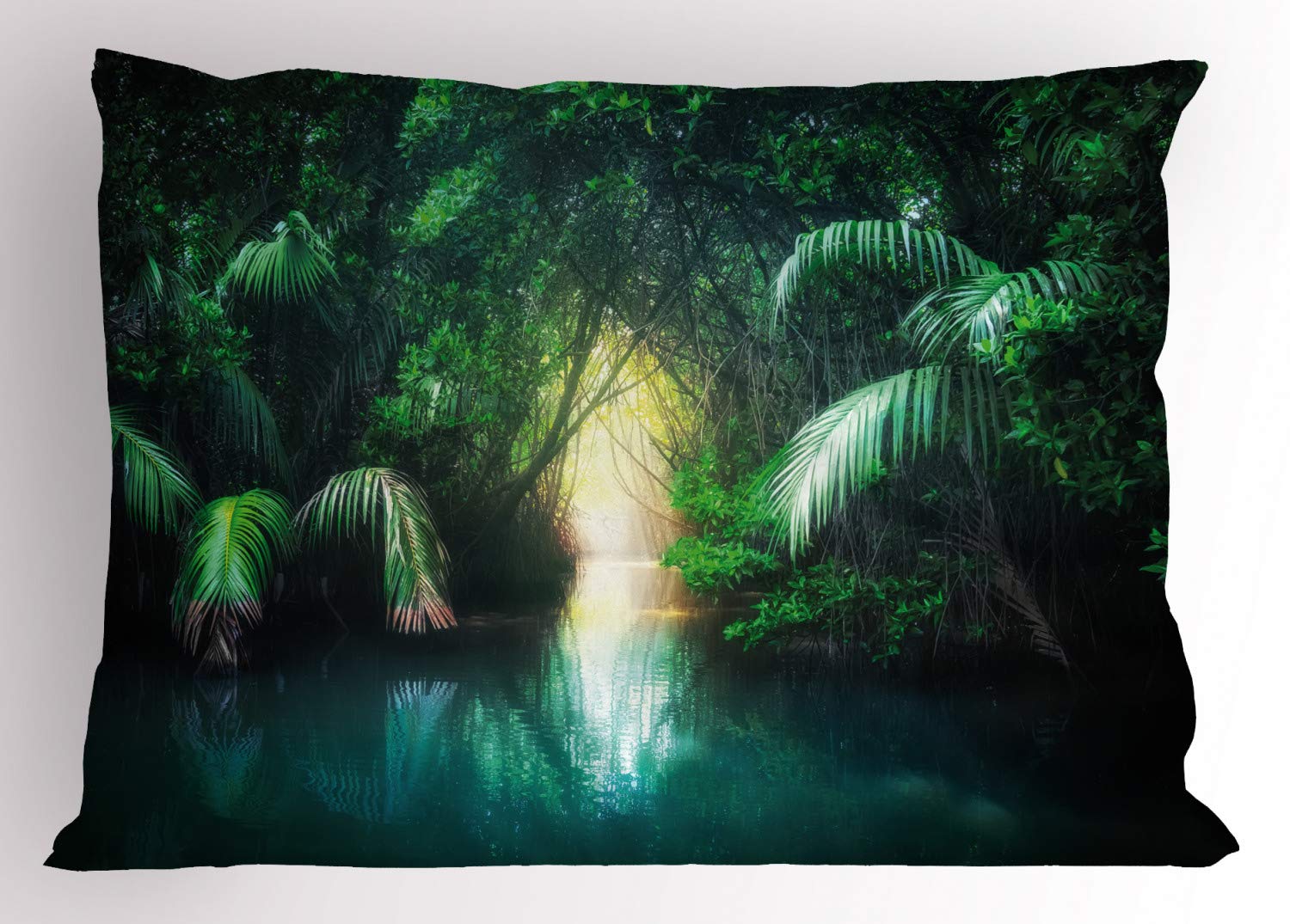 Ambesonne Jungle Pillow Sham - Tropical Lake Mangrove Rainforest Pathway Design, Decorative Standard Queen Size Printed Pillowcase (30