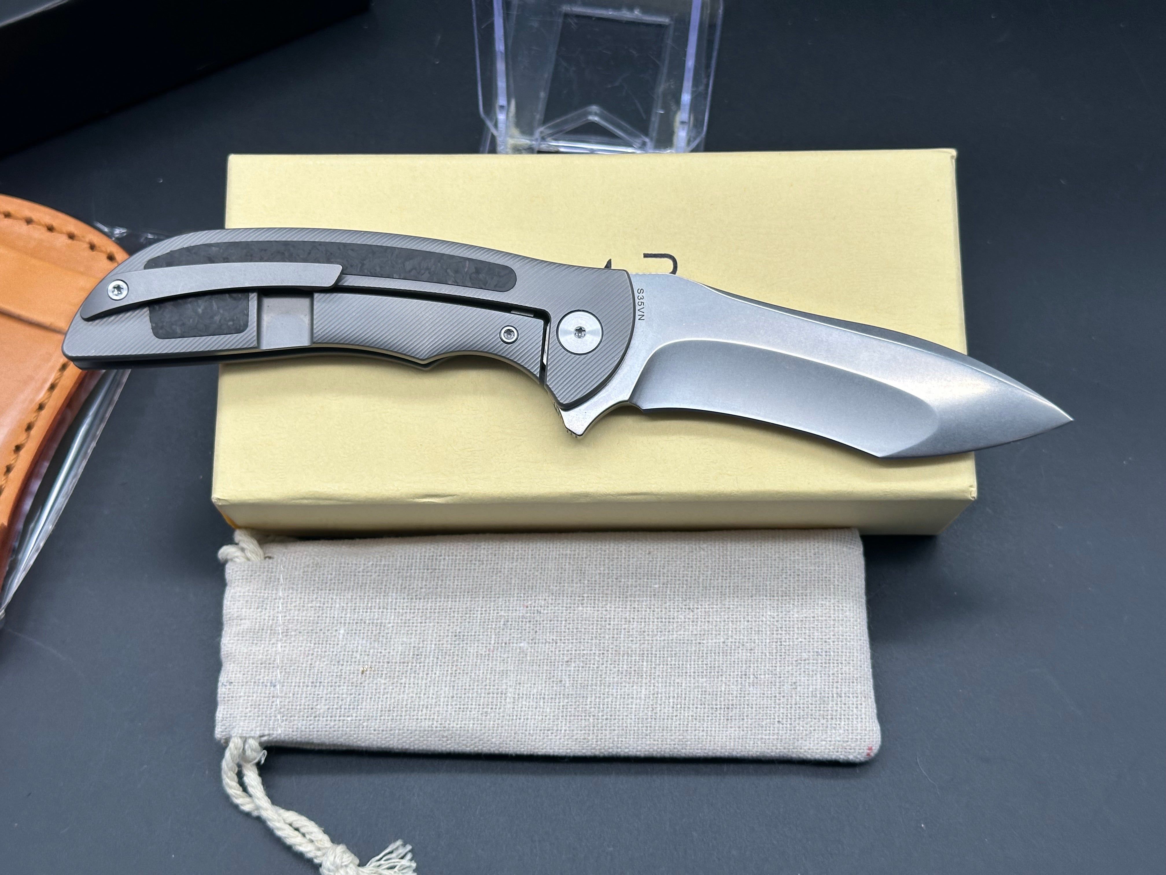 KATSU TK01 Folding Knife - CPM S35VN Steel Blade, Titanium & Carbon Fiber Handle with Leather Sheath | EDC, Outdoor Survival, Camping & Hunting Gear
