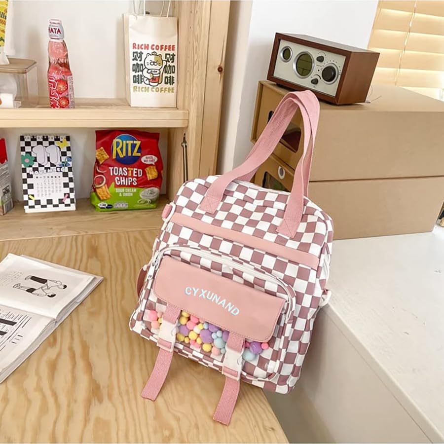 Cute Japanese Kawaii Messenger Bag - Stylish Laptop Backpack for School, Travel & Work - Multifunctional Plaid Shoulder Tote Bag for Women & Teens - Perfect for College, Office & Daily Commute
