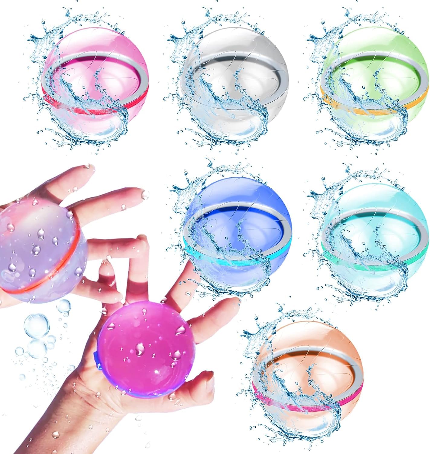 6 Pack Automatic Shut-Off Water Balloons - Fast Fill Reusable Mixed Color Water Bombs for Kids Summer Outdoor Water Fights, Pool Parties & Backyard Games