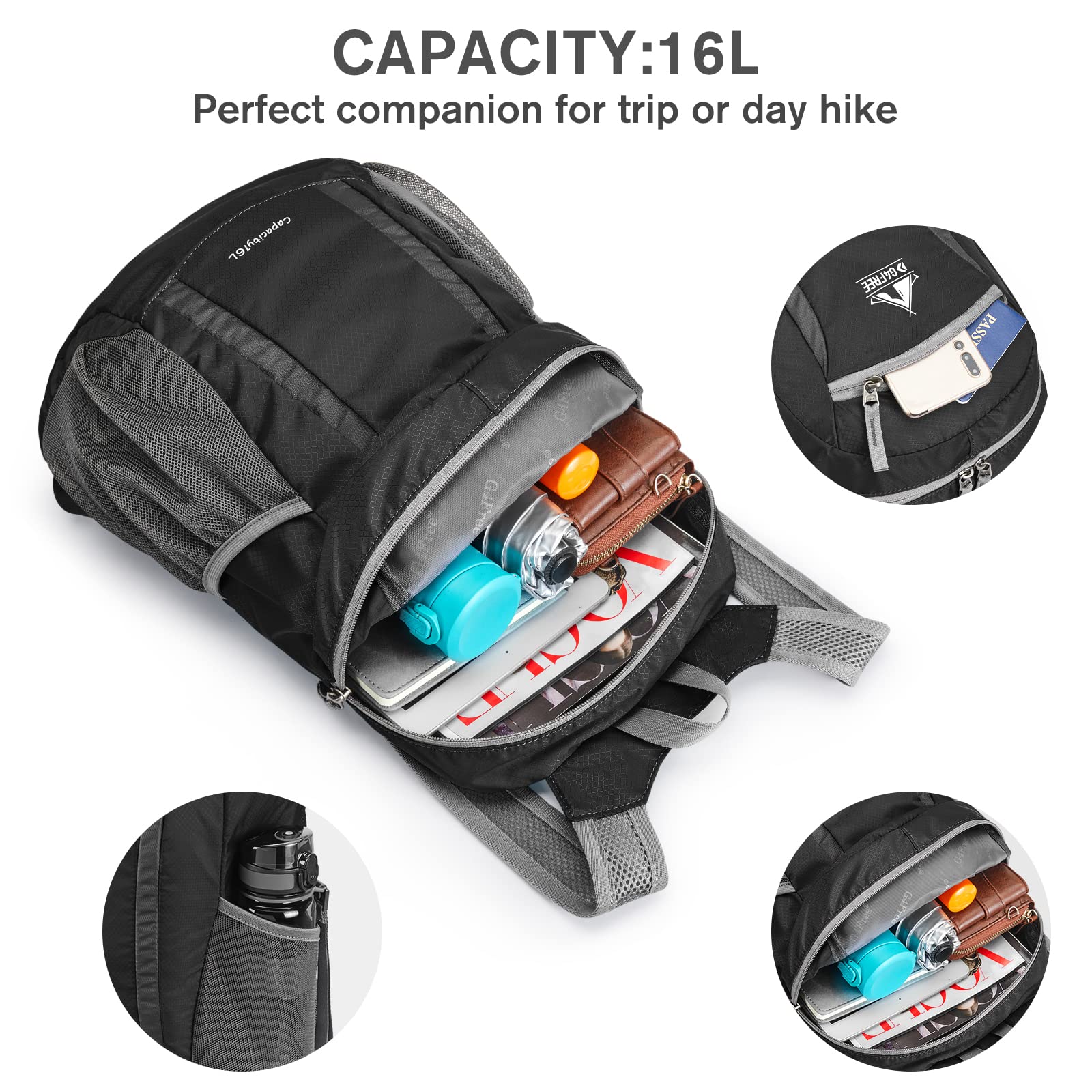 G4Free 16L Lightweight Hiking Backpack - Packable Daypack for Travel, Camping & Outdoor Activities - Perfect for Men & Women (Ideal for Day Hikes, Commuting & Weekend Adventures)