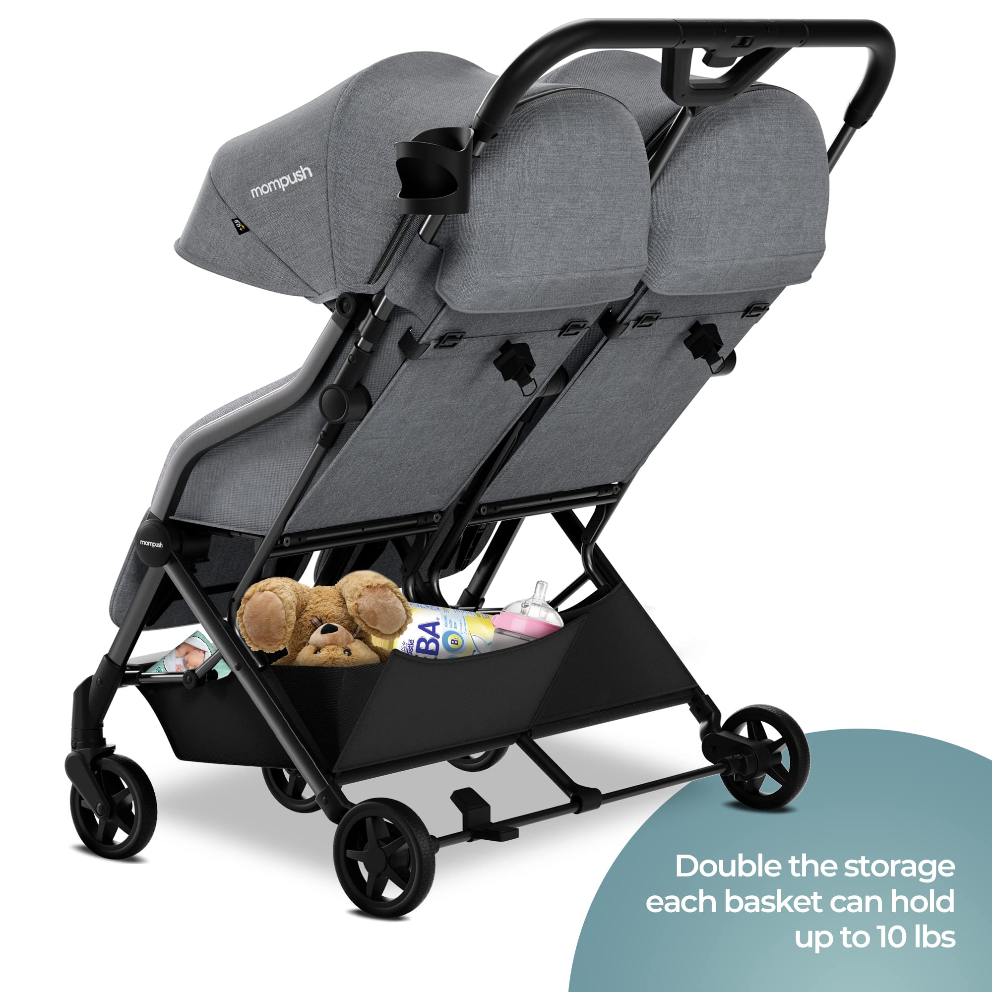 MomPush Lithe Double Ultralight Stroller - Lightweight Side by Side Twin Stroller with 2 Large Reclining Seats & Easy Fold | Perfect for Travel, Shopping & Outdoor Adventures with Twins