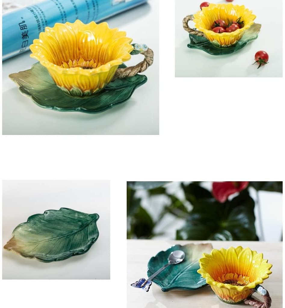 Sunflower Enamel Coffee Mug Set with Butterfly Spoon - 12oz Ceramic Tea Cup, Cute Home Decor Gift for Women, Birthday, Mother's Day - Perfect for Office, Kitchen & Coffee Lovers (Yellow, 1.8x2.2x4.7in)