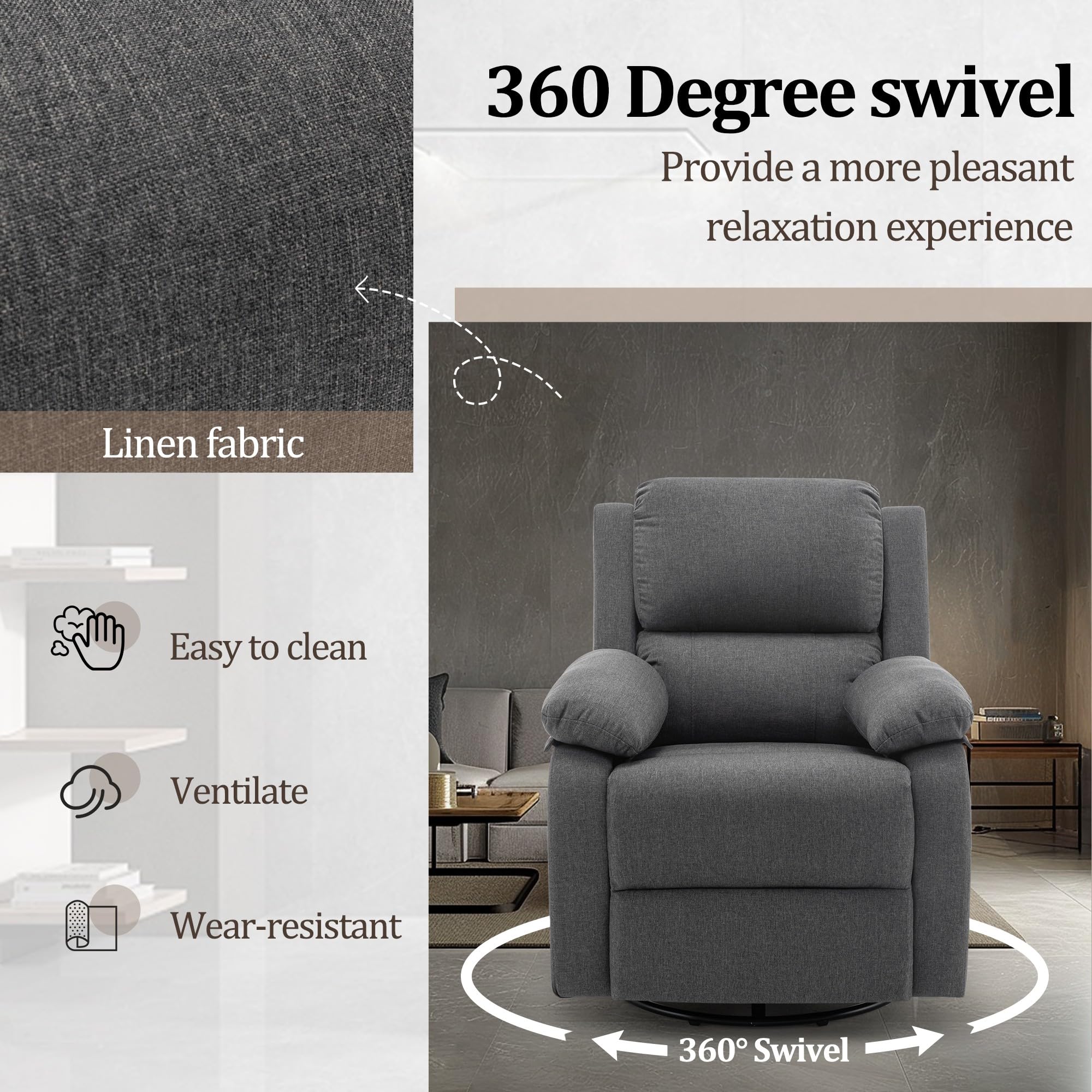 360° Swivel Rocking Recliner Chair for Adults - Small Space Fabric Upholstered Glider with Side Pockets - Perfect for Living Room, Nursery & Small Apartments